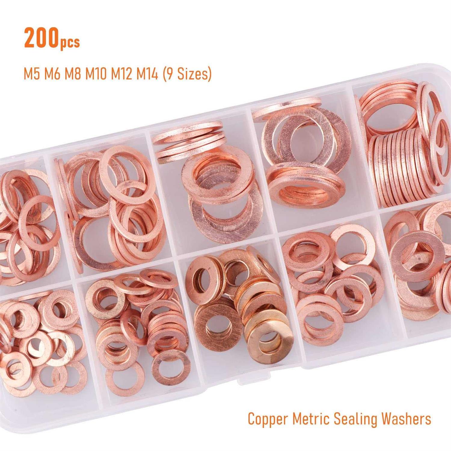 LordHardware 200pcs Copper Crush Metric Washers Assortment Kit Flat Sealing Washer M5 M6 M8 M10 M12 M14 - Cheap Fitting