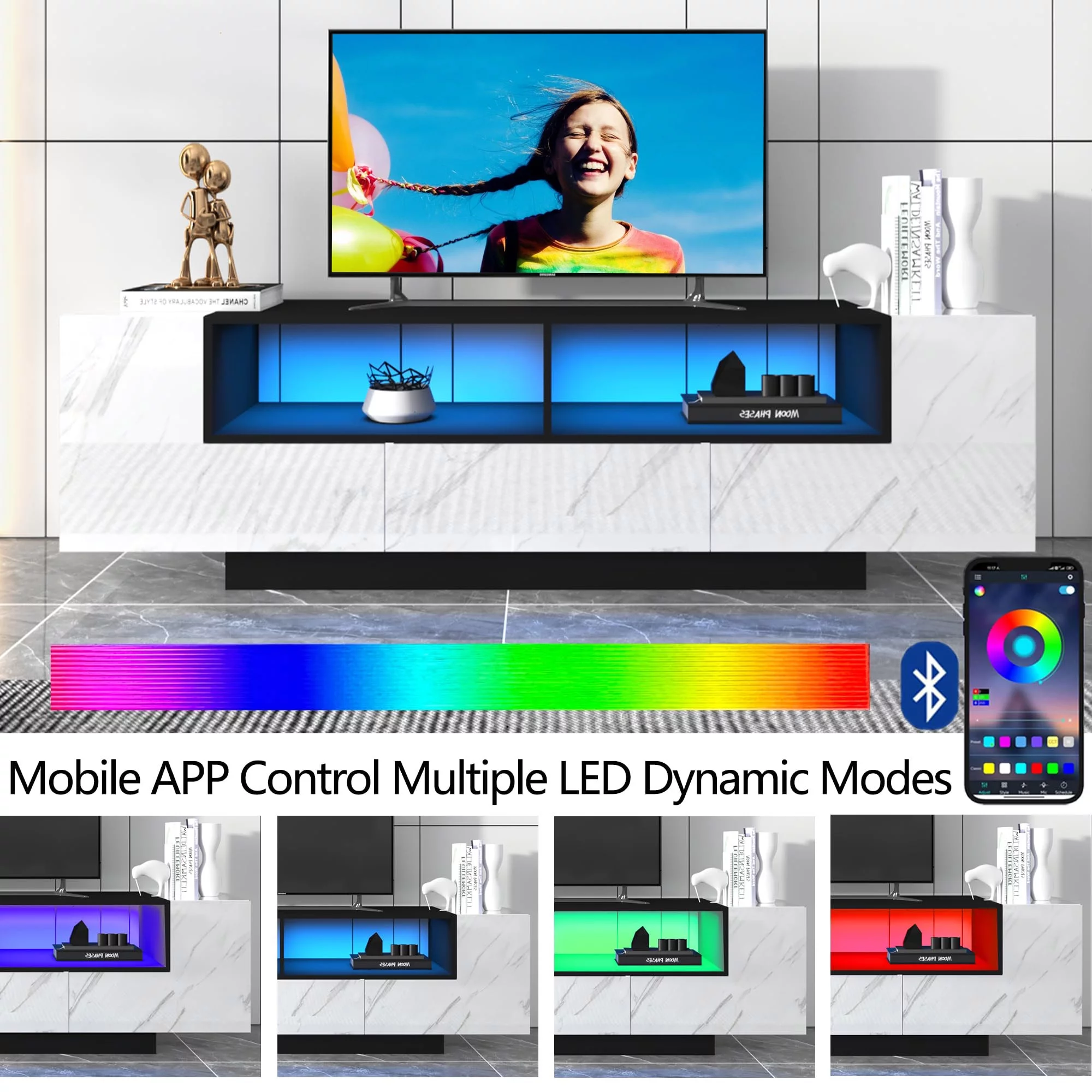 LED Light TV Stand Large for up to 80 inch TVs, Modern High Gloss Entertainment Center Meida Console with Large Storage, Marble White-70