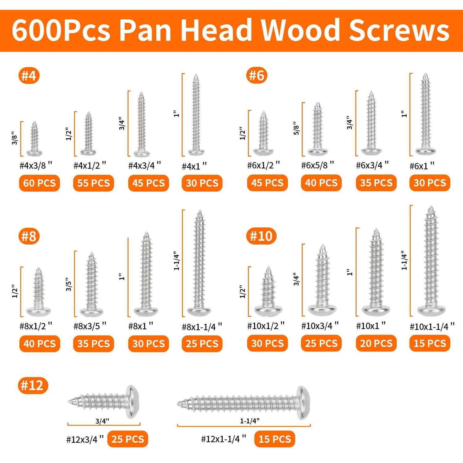 600Pcs Wood Screws Assortment Kit 4#6#8#10#12 Phillips Pan Head Stainless Steel Self Tapping Screws Set - Cheap Fitting