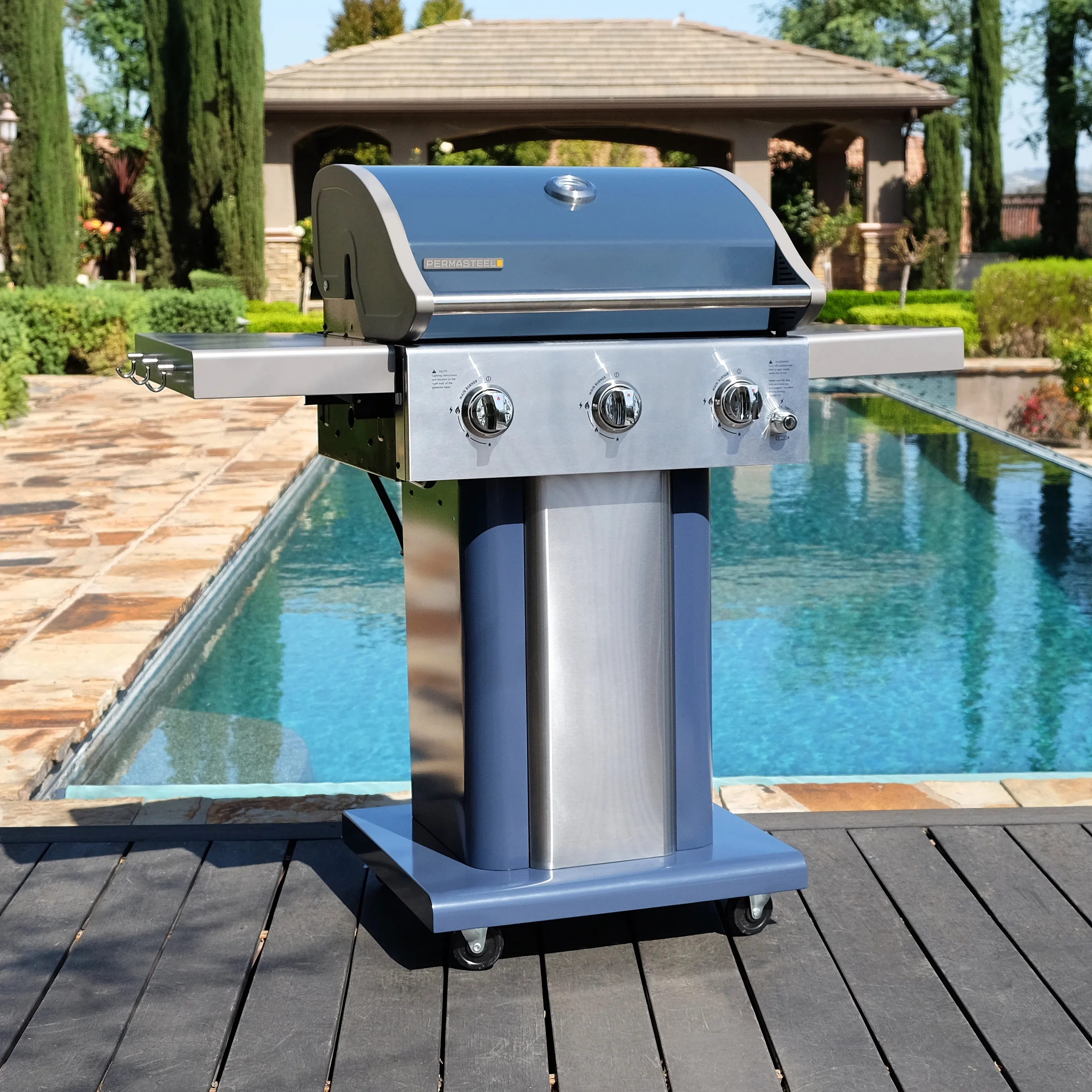 Permasteel 3-Burner Gas Grill, Compact Propane Grill, Outdoor BBQ, Foldable Side Tables, Azure Blue - Cheap Fitting