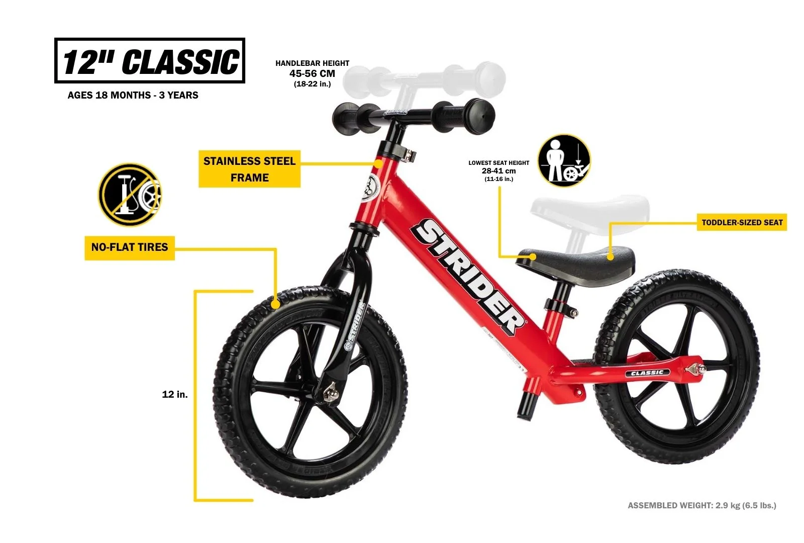 Strider 12 Classic Entry Balance Bike for Toddler Kids 18 - 36 Months Old, Red - Cheap Fitting