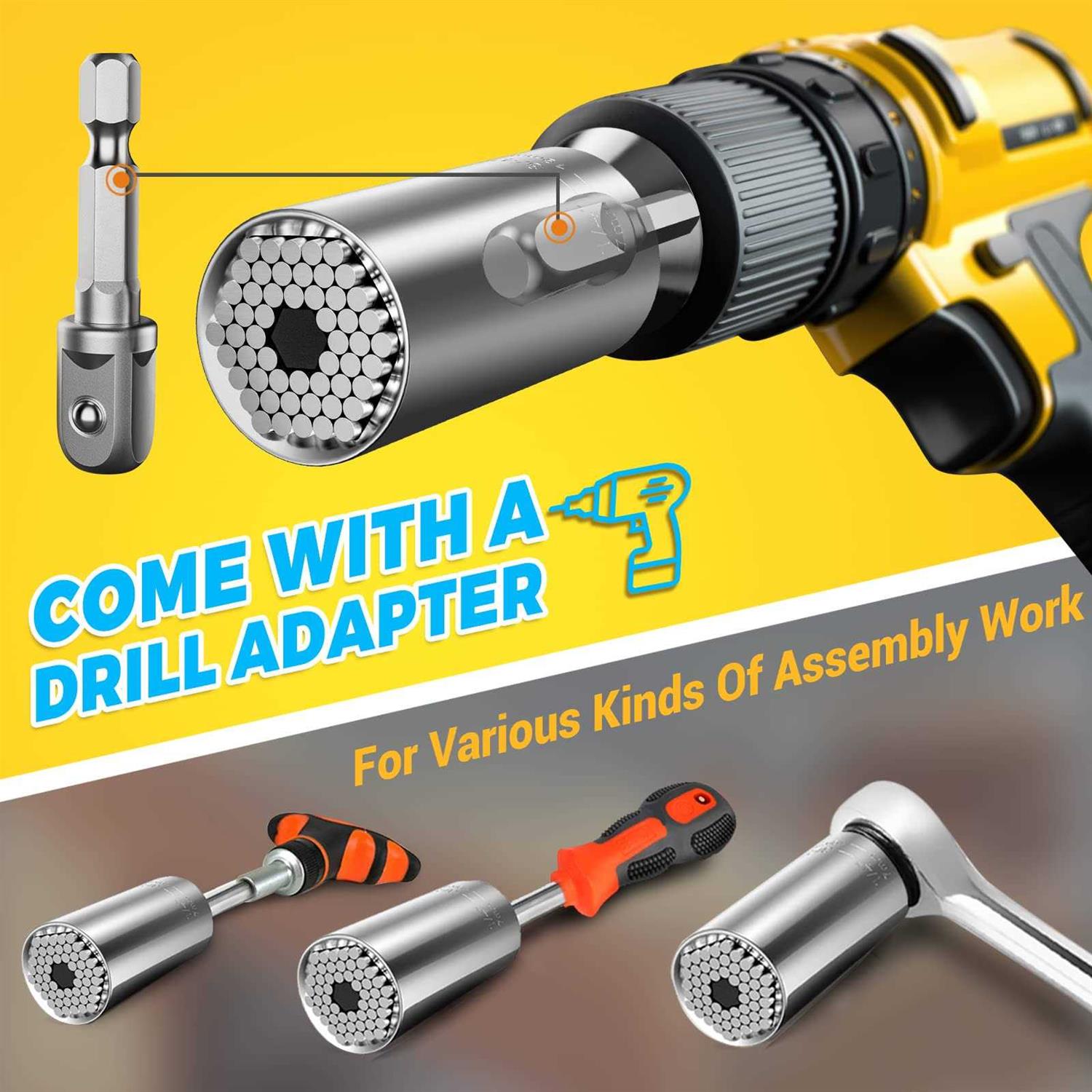 Universal Socket Tool Gifts for Men Super Universal Grip Socket Set Unscrew Any Bolt with Power Drill Adapter 7-19mm Christmas Stocking Stuffers - Cheap Fitting