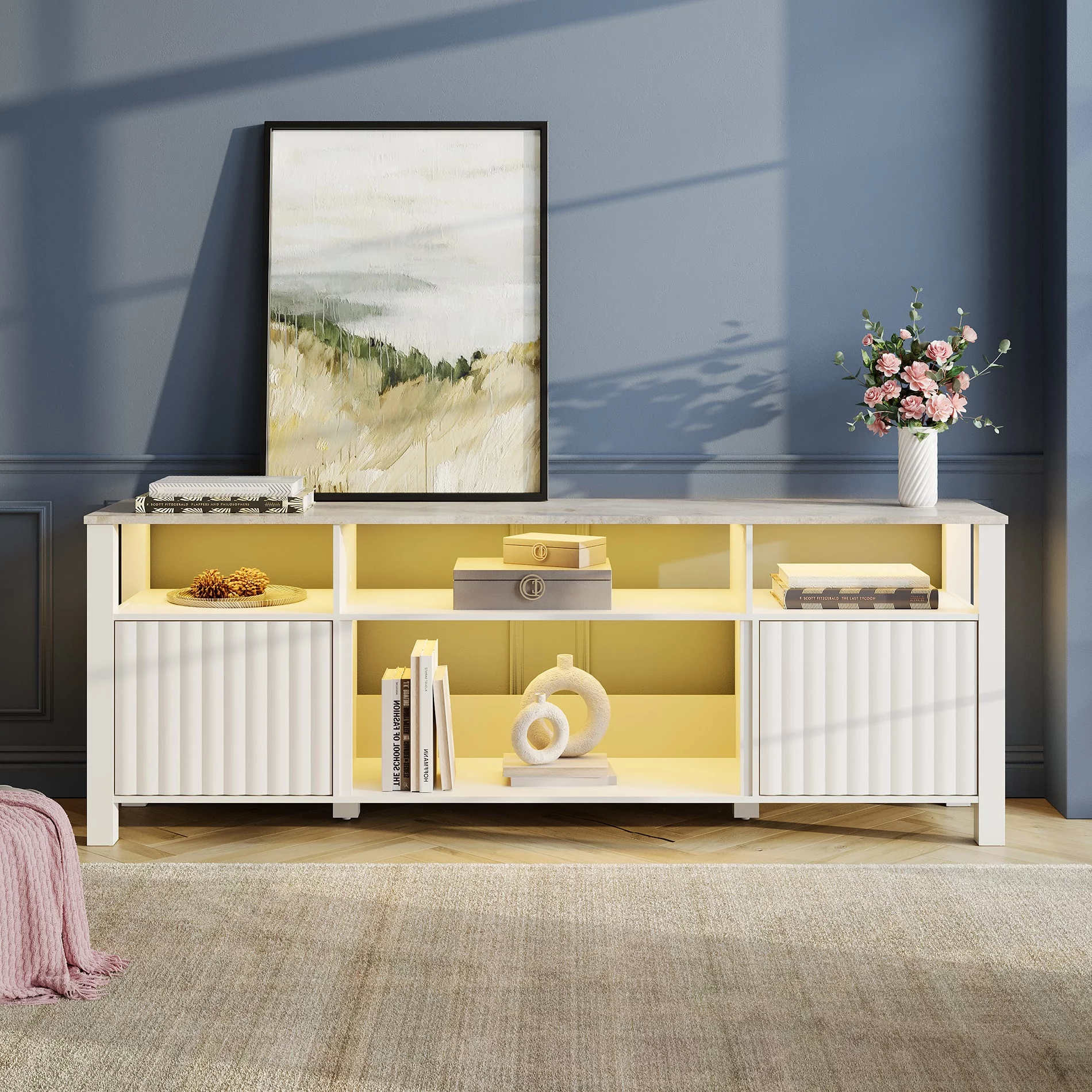 LED TV Stand for 80 inch, Modern TV Console Media Cabinet for 75/70/65 TV, Wood Entertainment Center with 6 Storage for Living Room, 70'', White - Cheap Fitting