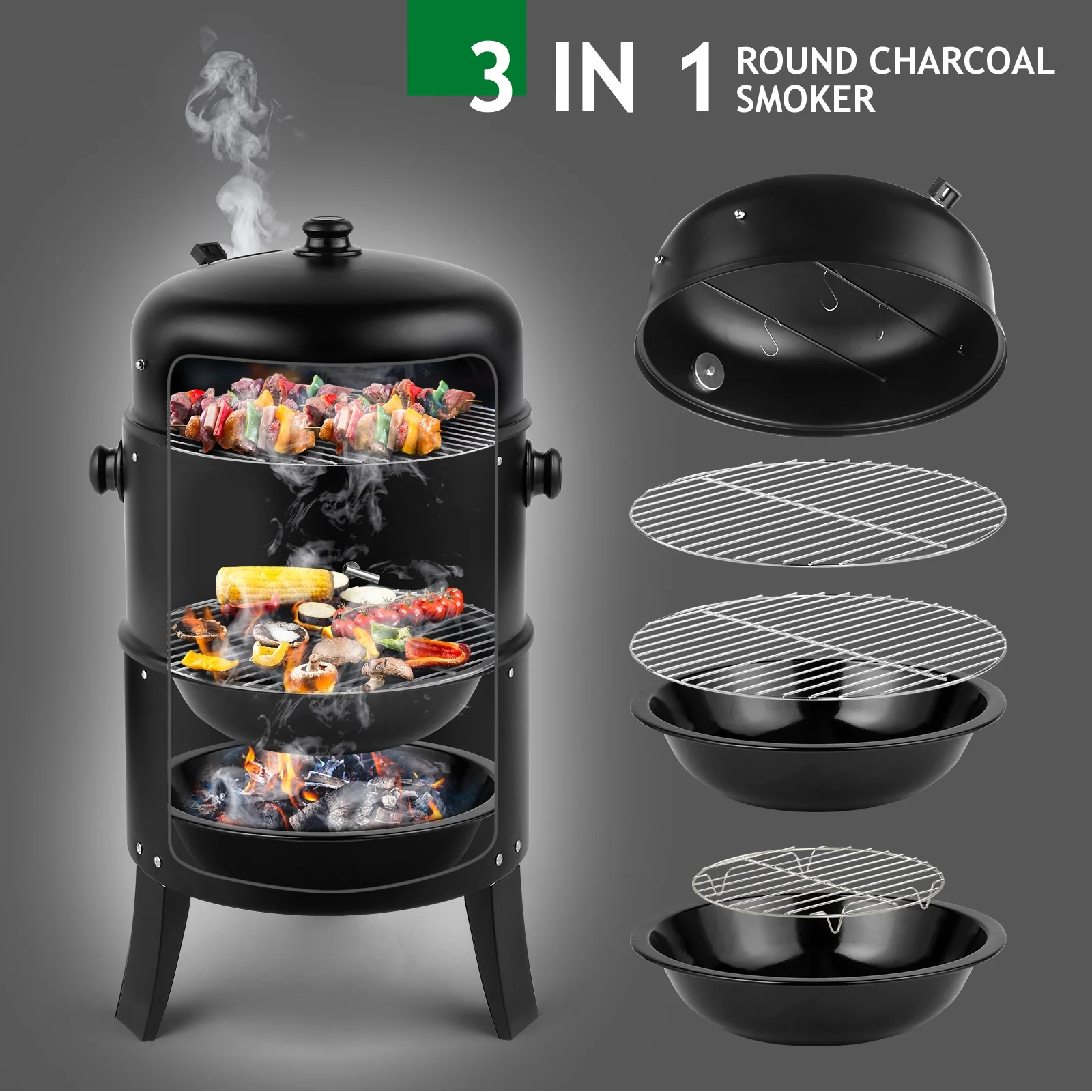 Zimtown BBQ Charcoal Grill Outdoor Barbecue Pit Smoker with 3 Levels Patio Backyard Black - Cheap Fitting