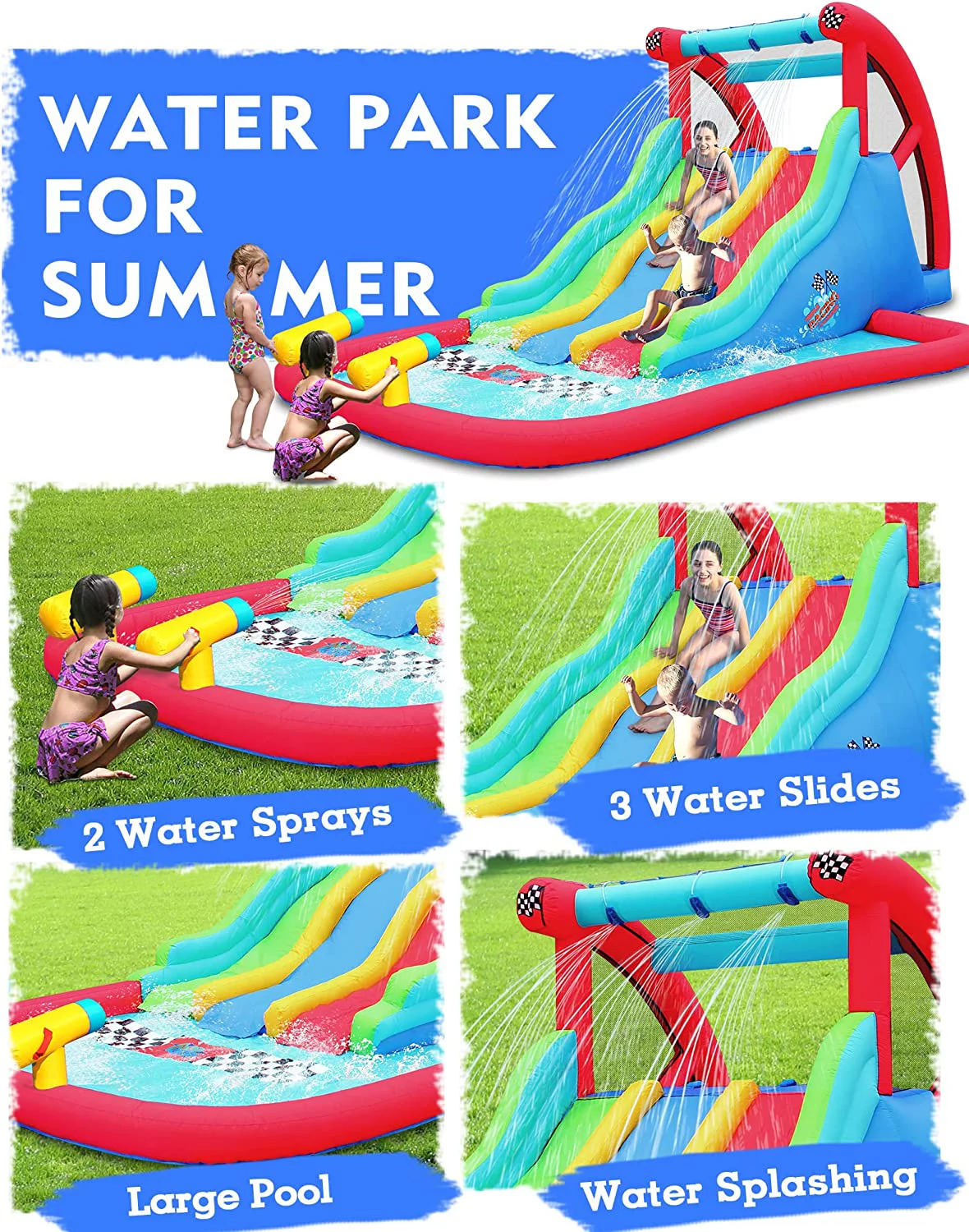 Action Air Inflatable Water Slide, Fun Triple Waterslides with Climbing Wall, Pool with 2 Water Sprays, Bounce House for Kids Backyard - Cheap Fitting