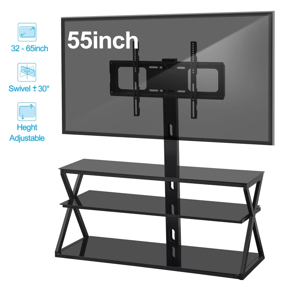 Ktaxon Swivel Floor TV Stand Mount 3 Tier Tempered Glass Shelf for 32 37 40 42 46 47 50 55 60 65
