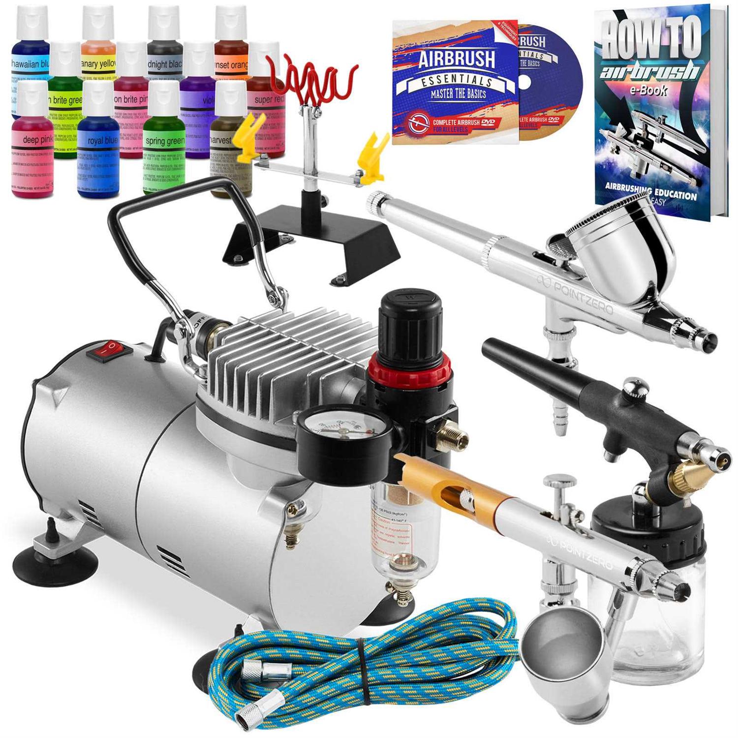 Pointzero Cake Airbrush Decorating Kit 3 Airbrushes, Compressor and 12 Chefmaster Colors - Cheap Fitting