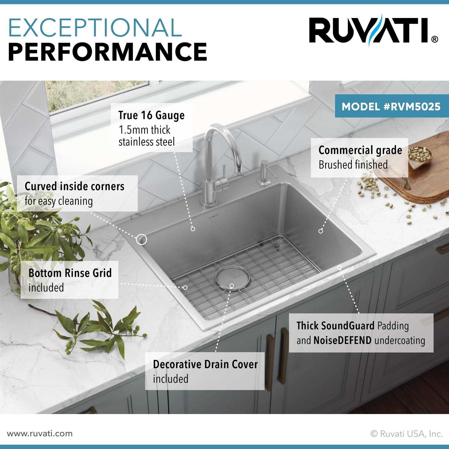 Ruvati 25 x 22 inch Drop-in Topmount Kitchen Sink 16 Gauge Stainless Steel Single Bowl RVM5025 - Cheap Fitting