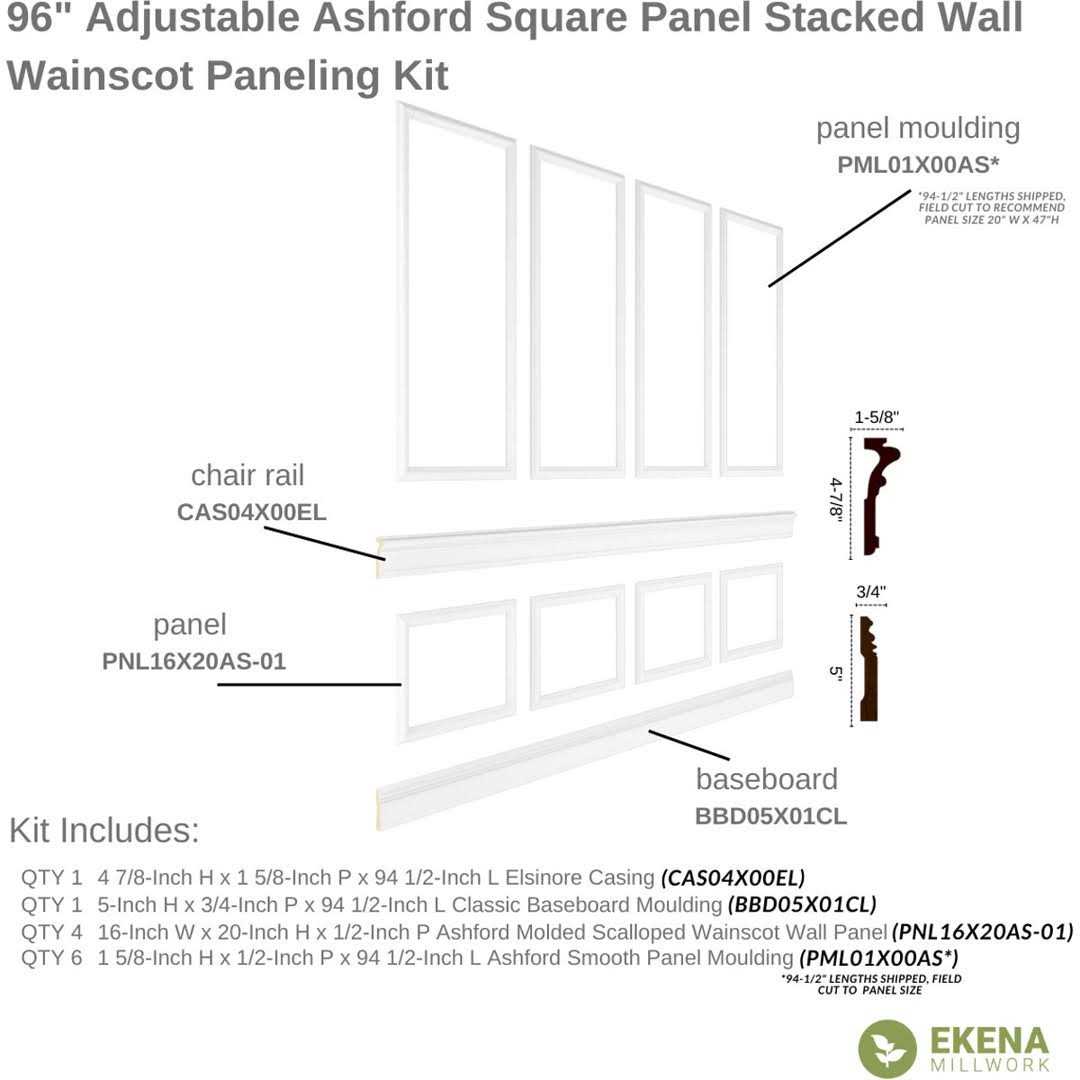 94 1/2L Ashford Square Panel Stacked Wall Wainscot Paneling Kit Ekena Millwork - Cheap Fitting