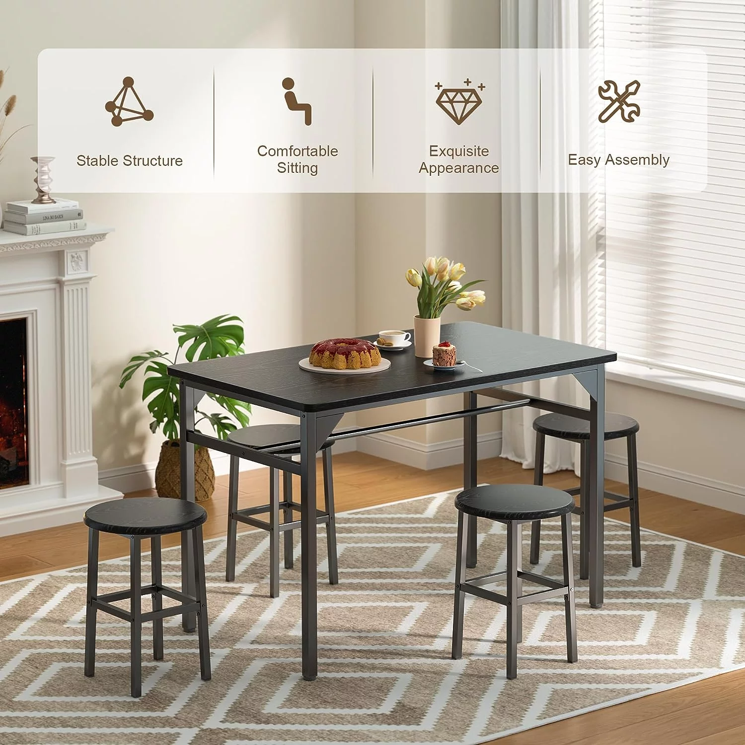 Lofka Dining Table Set for 4, Kitchen Table and 4 Stools on Breakfast Nook, Black - Cheap Fitting