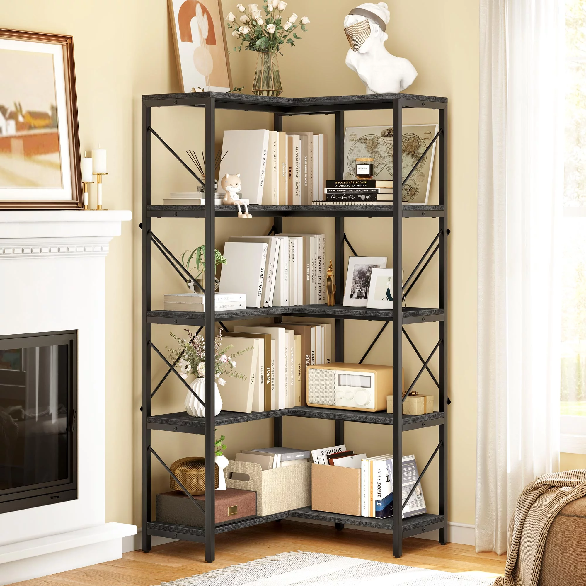 5-Tier L-Shaped Bookcase Storage Organizer, Tall Corner Bookshelf Open Display Freestanding Storage,Dark Gray - Cheap Fitting