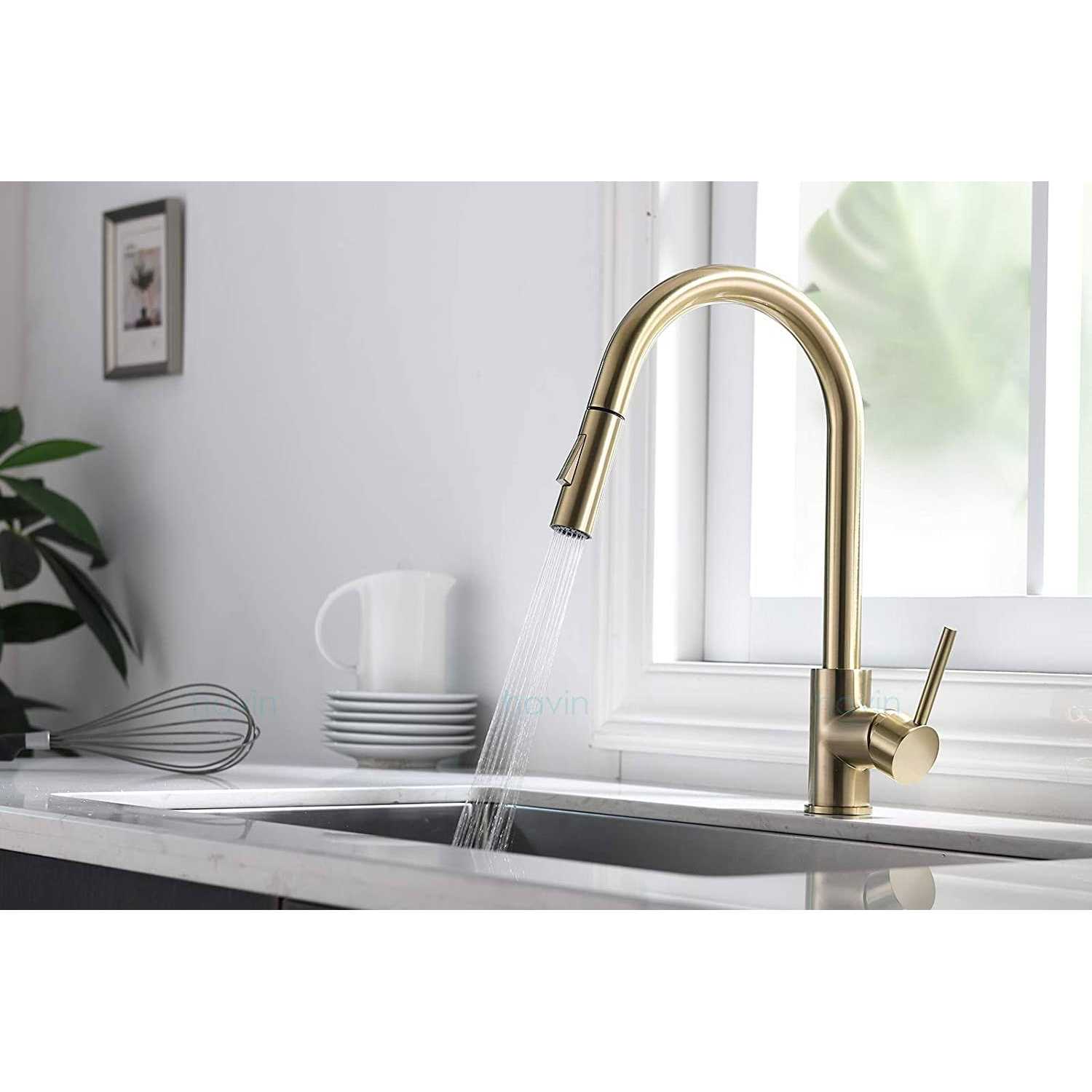 Havin Gold Kitchen Faucet with Pull Down Sprayer High Arc Stainless Steel Material - Cheap Fitting