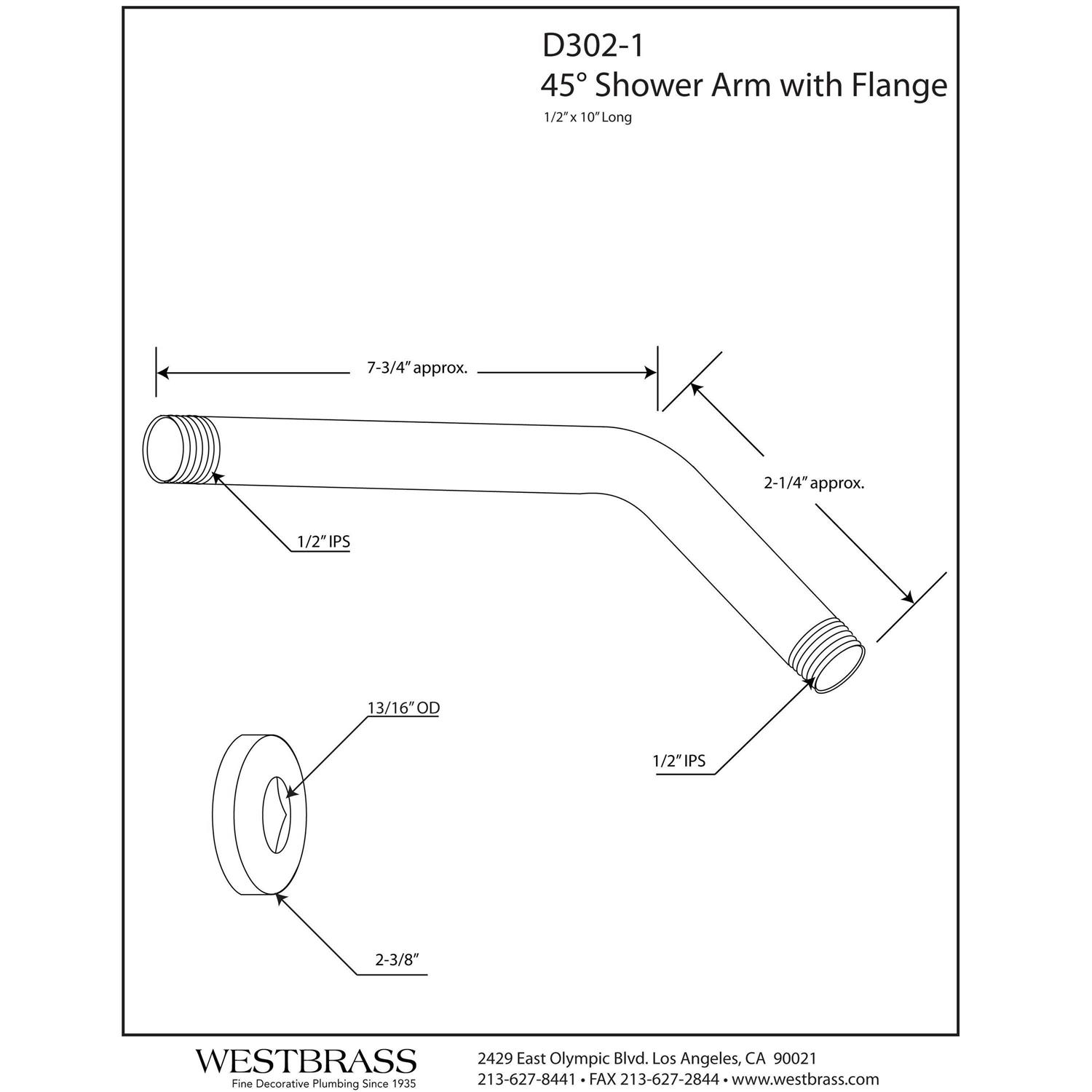 Westbrass D302-1-07 .5 in. x 10 in. Shower Arm with Sure Grip Flange - Cheap Fitting