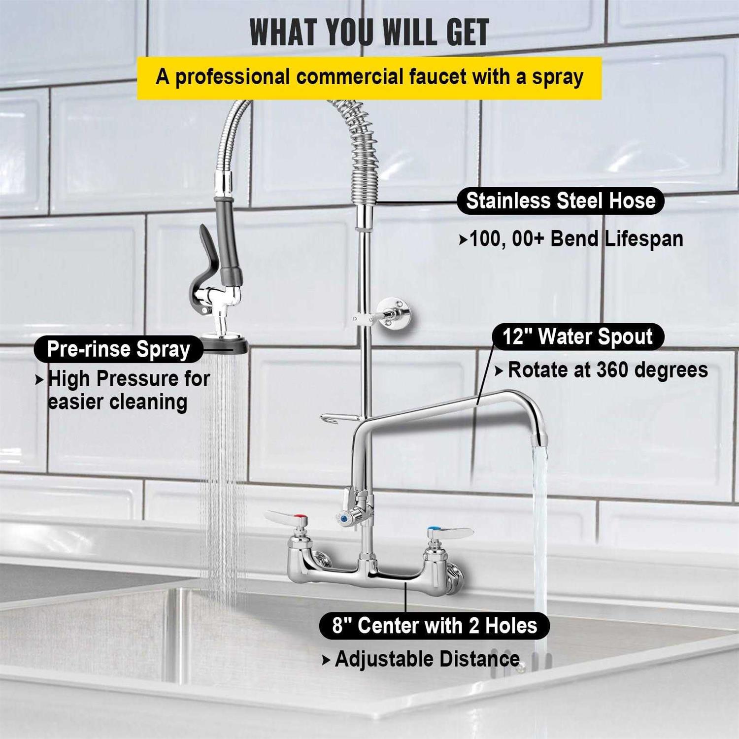 VEVOR Commercial Faucet with Pre-rinse Sprayer Adjustable Center Wall Mount Kitchen Faucet with 12 Swivel Spout QSYCKJJH84712GYNZV0 - Cheap Fitting