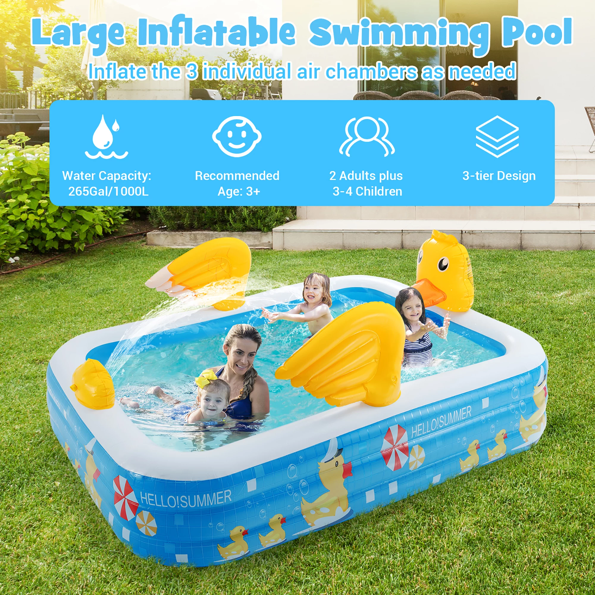 Costway Inflatable Swimming Pool Duck Themed Kiddie Pool w/ Sprinkler for Age 3+ - Cheap Fitting