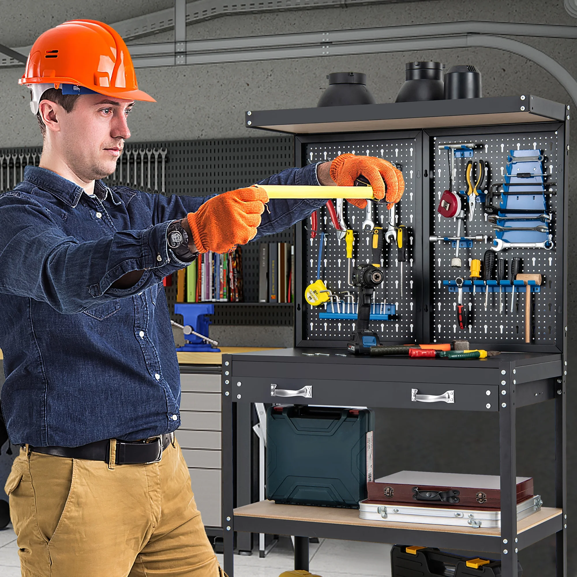 Gymax Multi-use Workbench w/ 2 Shelves Heavy-Duty Work Table Tool Storage Bench Black & Blue - Cheap Fitting