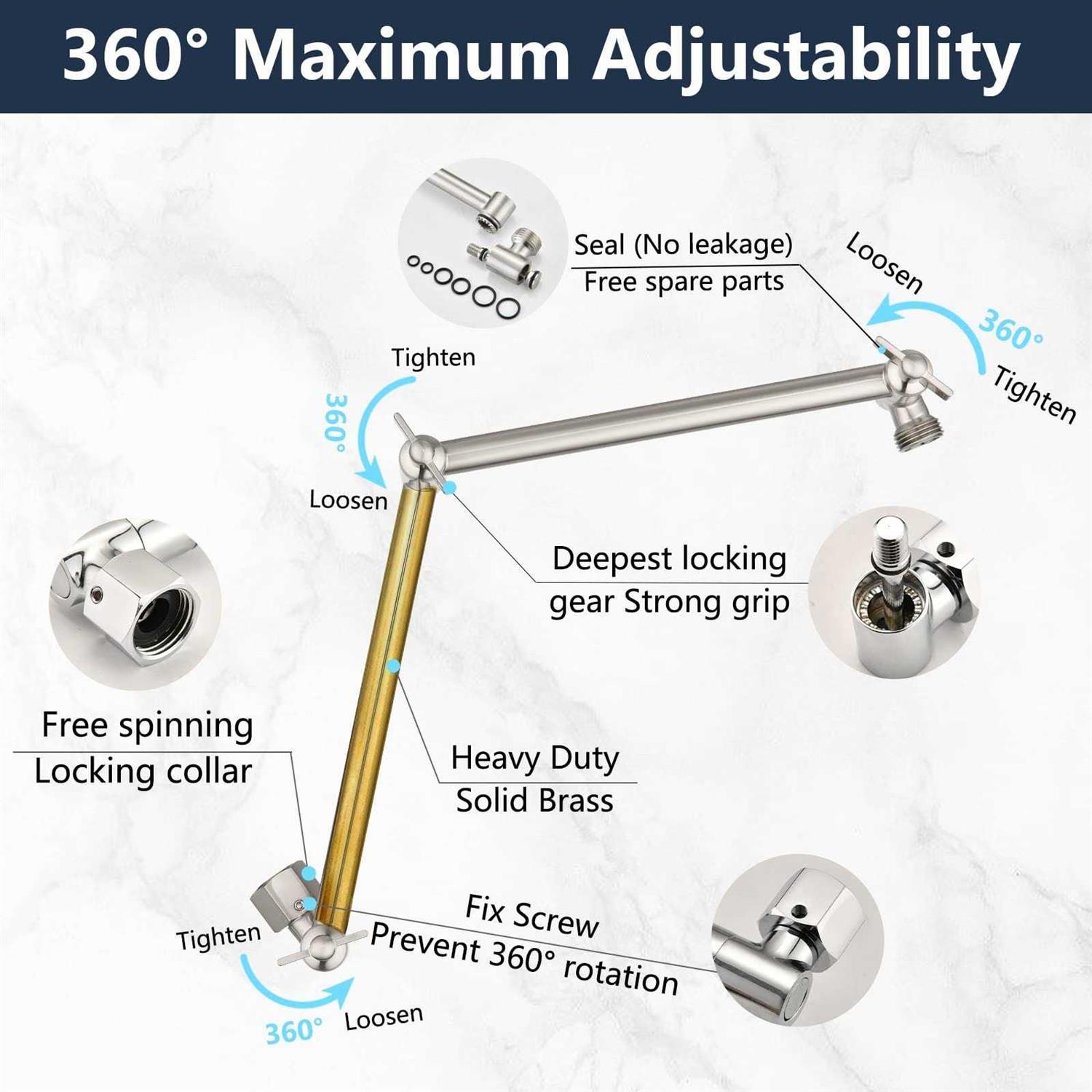 PDPBath Brass 16 Inch Shower Head Extension Arm Upgrade Flexible Height & Angle Adjustable Shower Arm Extender with Lock Joints - Cheap Fitting