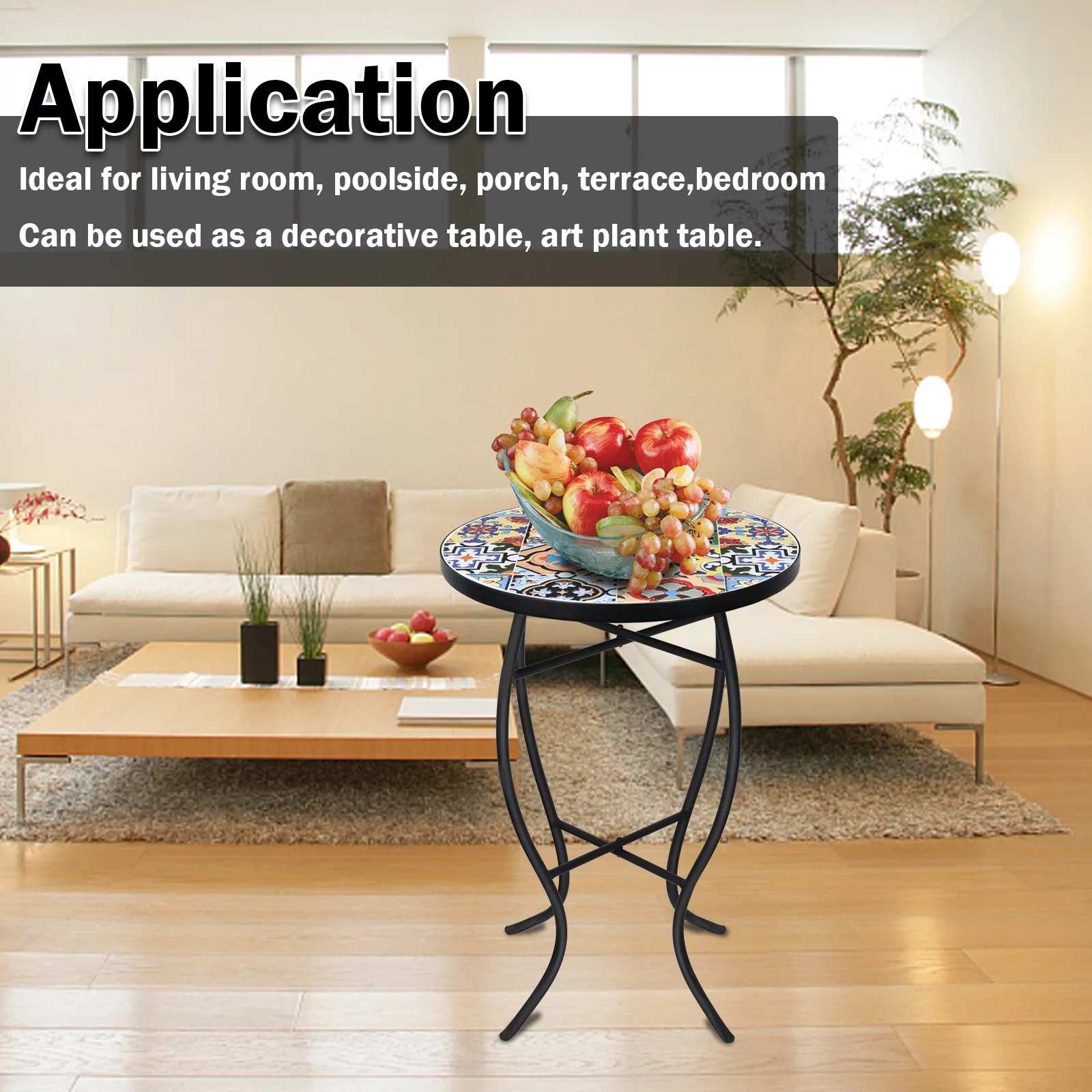 Outdoor Mosaic Patio Side Table Small Round Patio Accent Printed Glass Balcony Coffee Desk for Garden, Yard or Lawn 14 Inches - Cheap Fitting