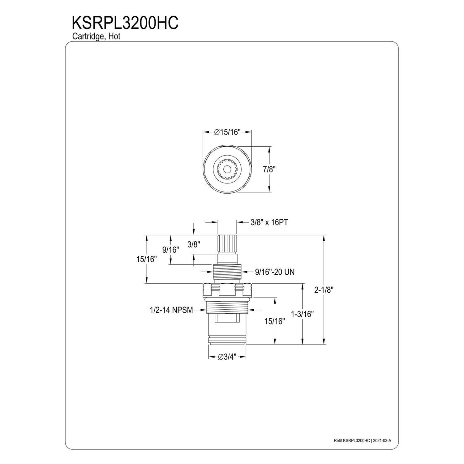 Kingston Brass KSRPL3200HC Hot Ceramic Disc Cartridge for CC Basin Faucet - Cheap Fitting