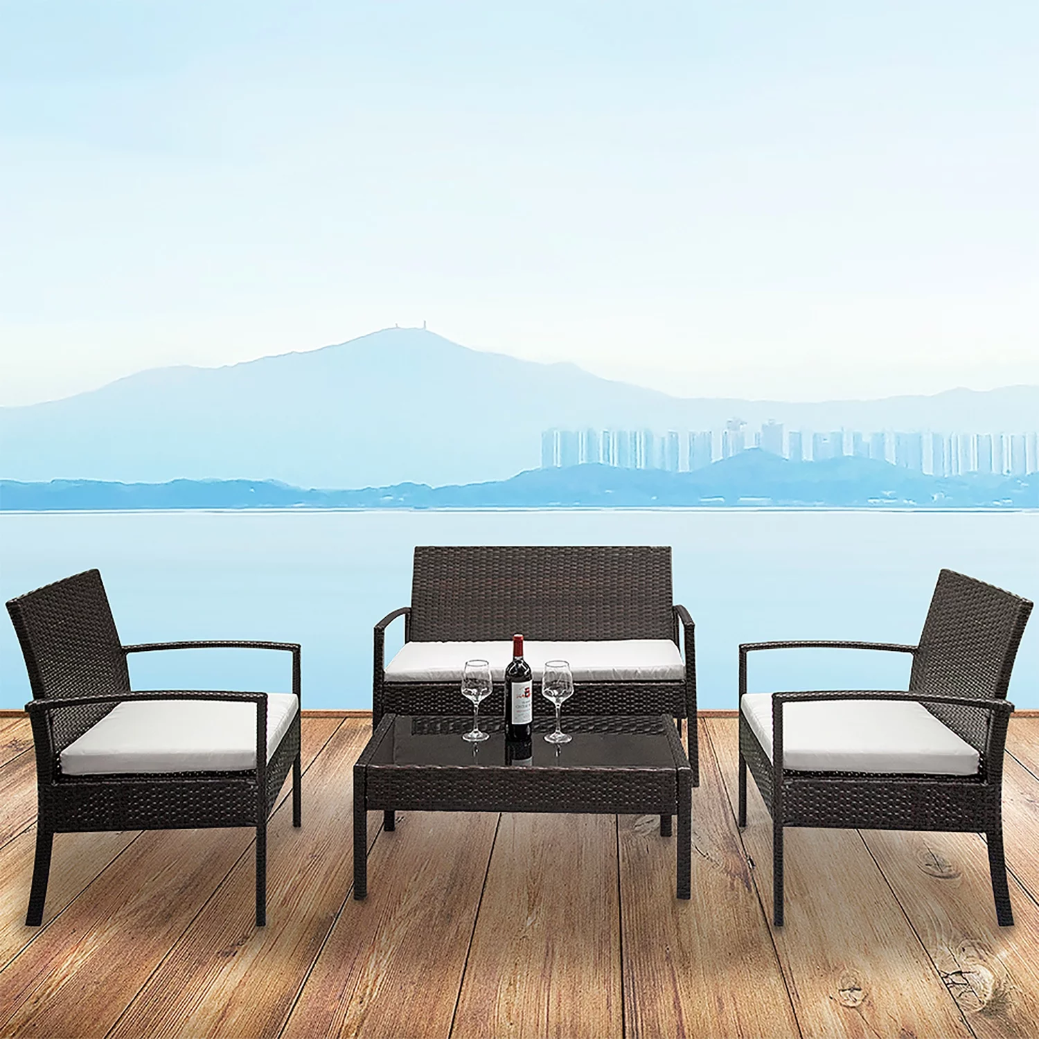 Outdoor Patio Furniture Set, Seizeen 4 Pieces Rattan Conversation Set Cushioned Sofa & Charis, Deck Garden Poolside Furniture Table Set for 4, Gray - Cheap Fitting