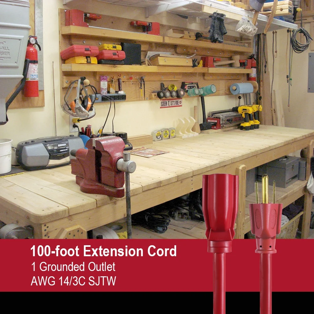 Hyper Tough 100FT 14AWG 3 Prong Red for Indoor and Outdoor Use Extension Cord, 13 amps - Cheap Fitting