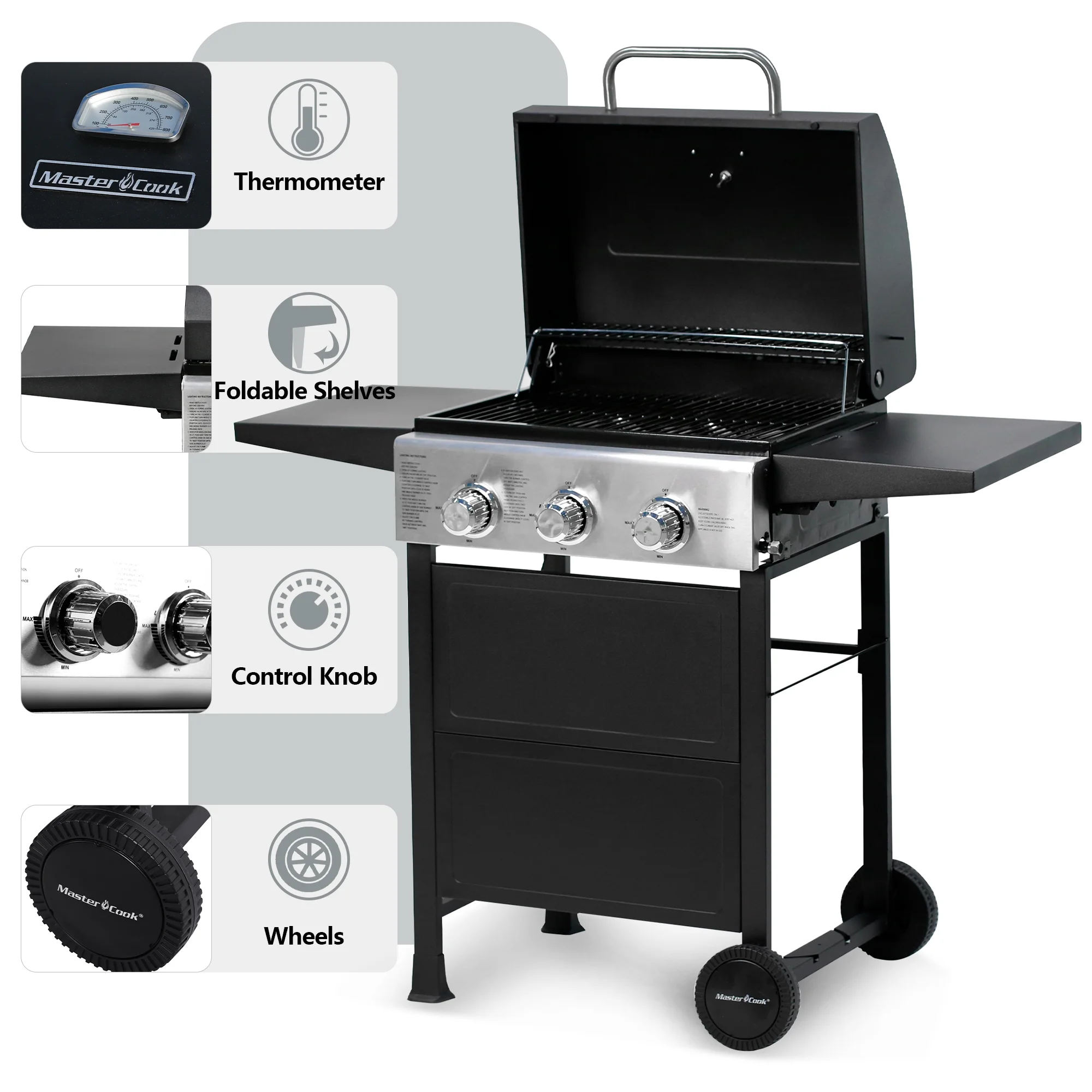 MASTER COOK Propane Gas Grill, 3 Burners Stainless Steel Grill with Foldable Shelves, Black - Cheap Fitting