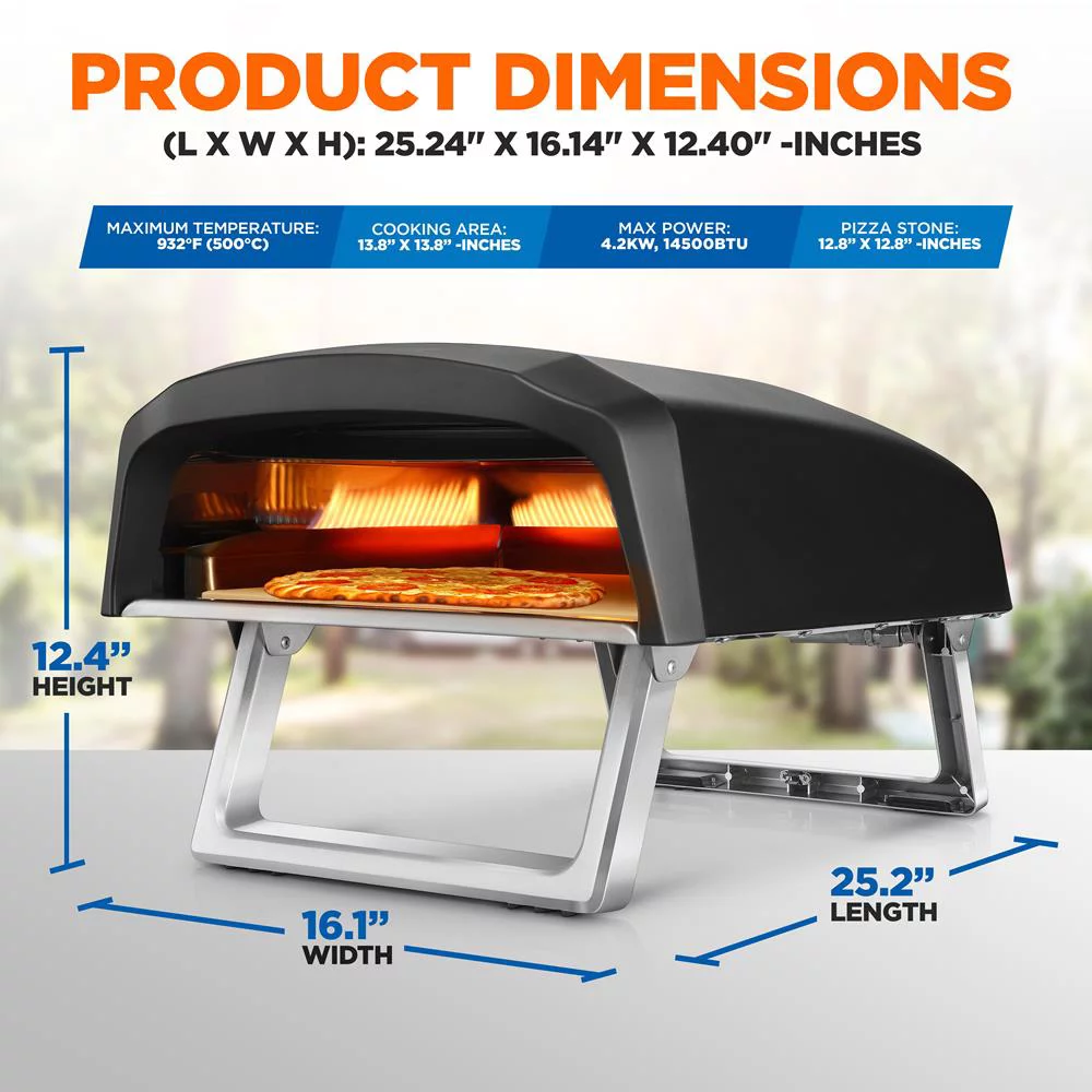 NutriChef Portable Outdoor Gas Pizza Oven - Foldable Feet, Adjustable Heat Control Dial, Includes Burner, Stone & Regulator w/ Hose, Cooks 12