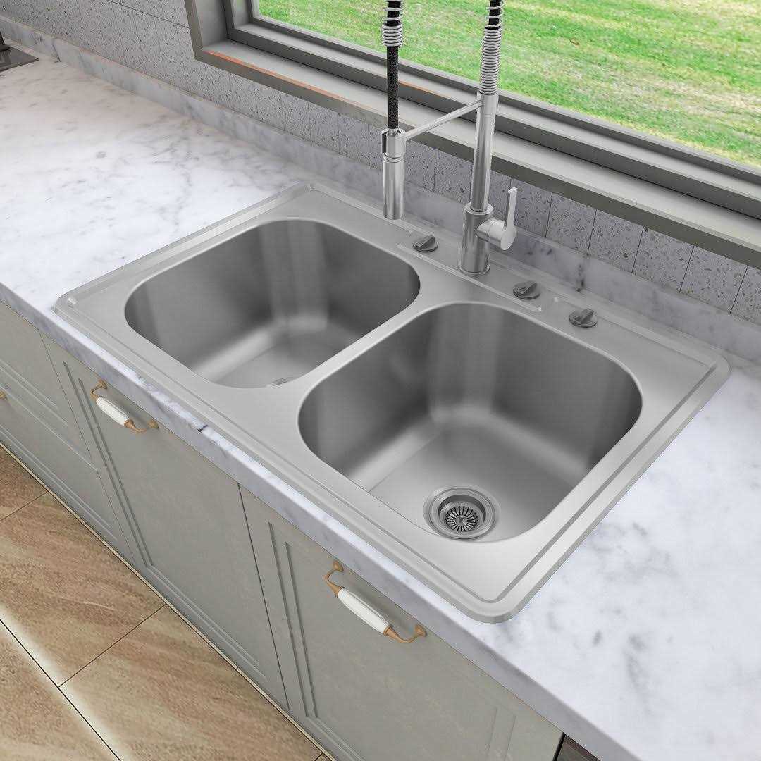 Sinber MT3322DW 33 x 22 Drop In Double Bowl Kitchen Sink with 18 Gauge 304 Stainless Steel Satin Finish - Cheap Fitting