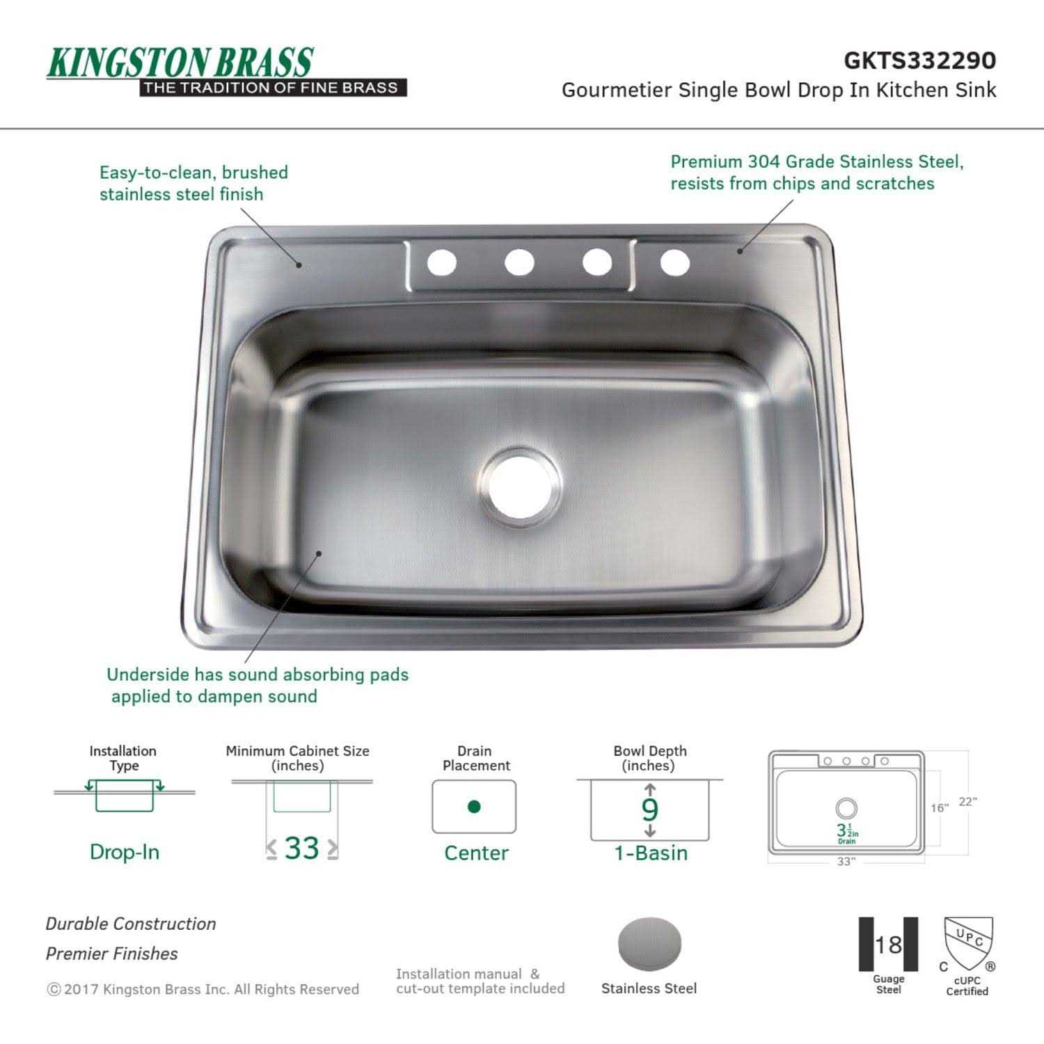 Kingston Brass Gourmetier GKTS332290 Drop-in Single Bowl Kitchen Sink - Cheap Fitting