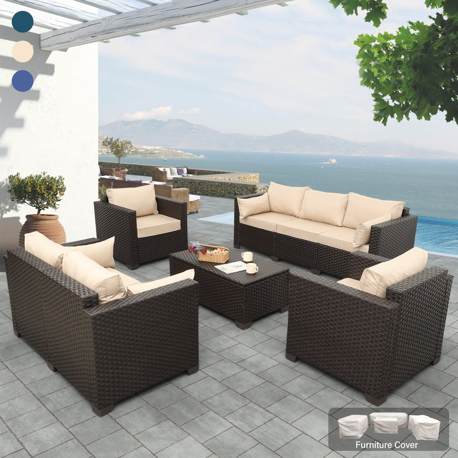 Waroom 5pcs Outdoor Conversation Set Patio Furniture Couch Chairs Set with Fire Pit 60000BTU, Peacock Blue - Cheap Fitting