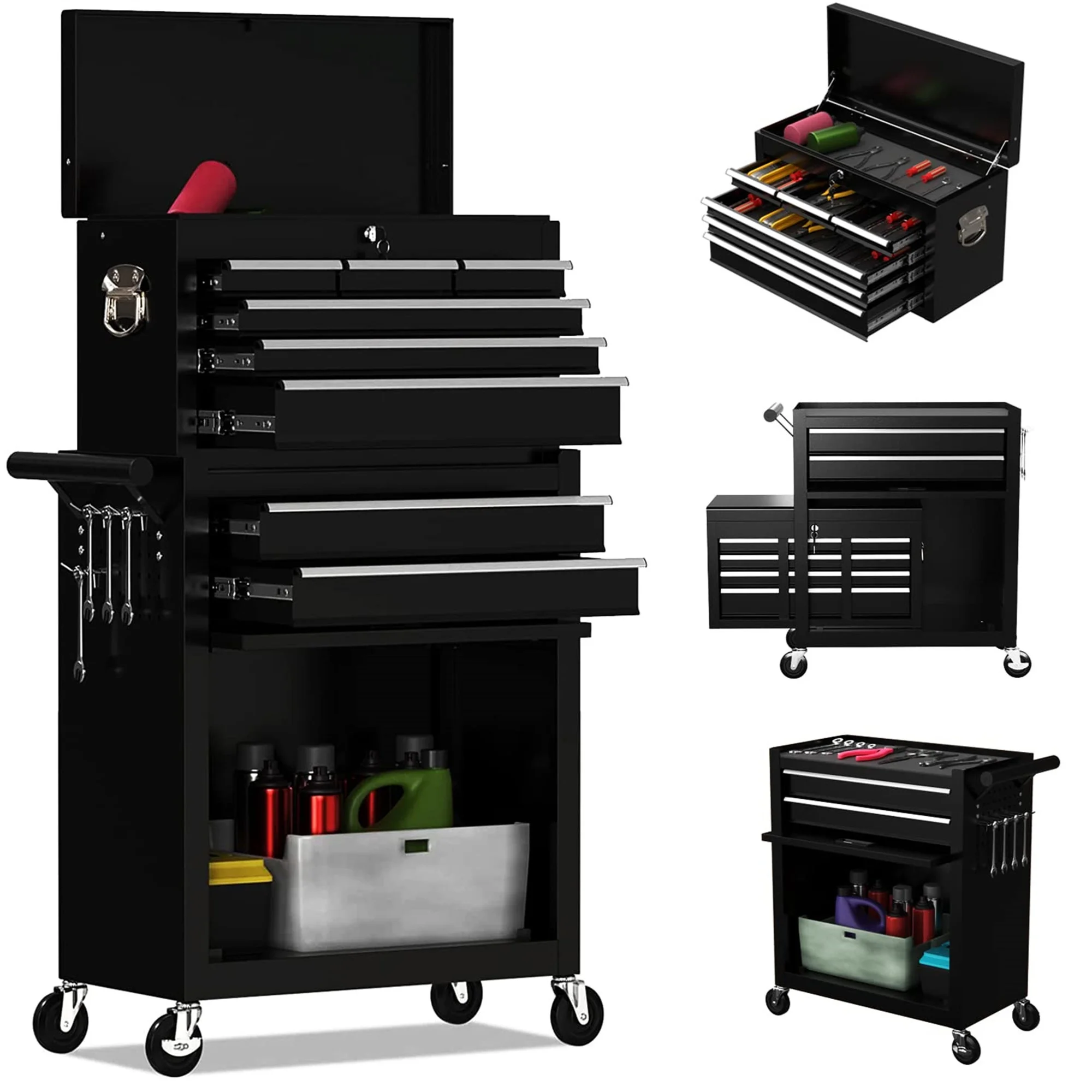 Aukfa Tool Chest, 2 in 1 Steel Rolling Tool Box & Cabinet On Wheels for Garage, 8-Drawer, Black - Cheap Fitting