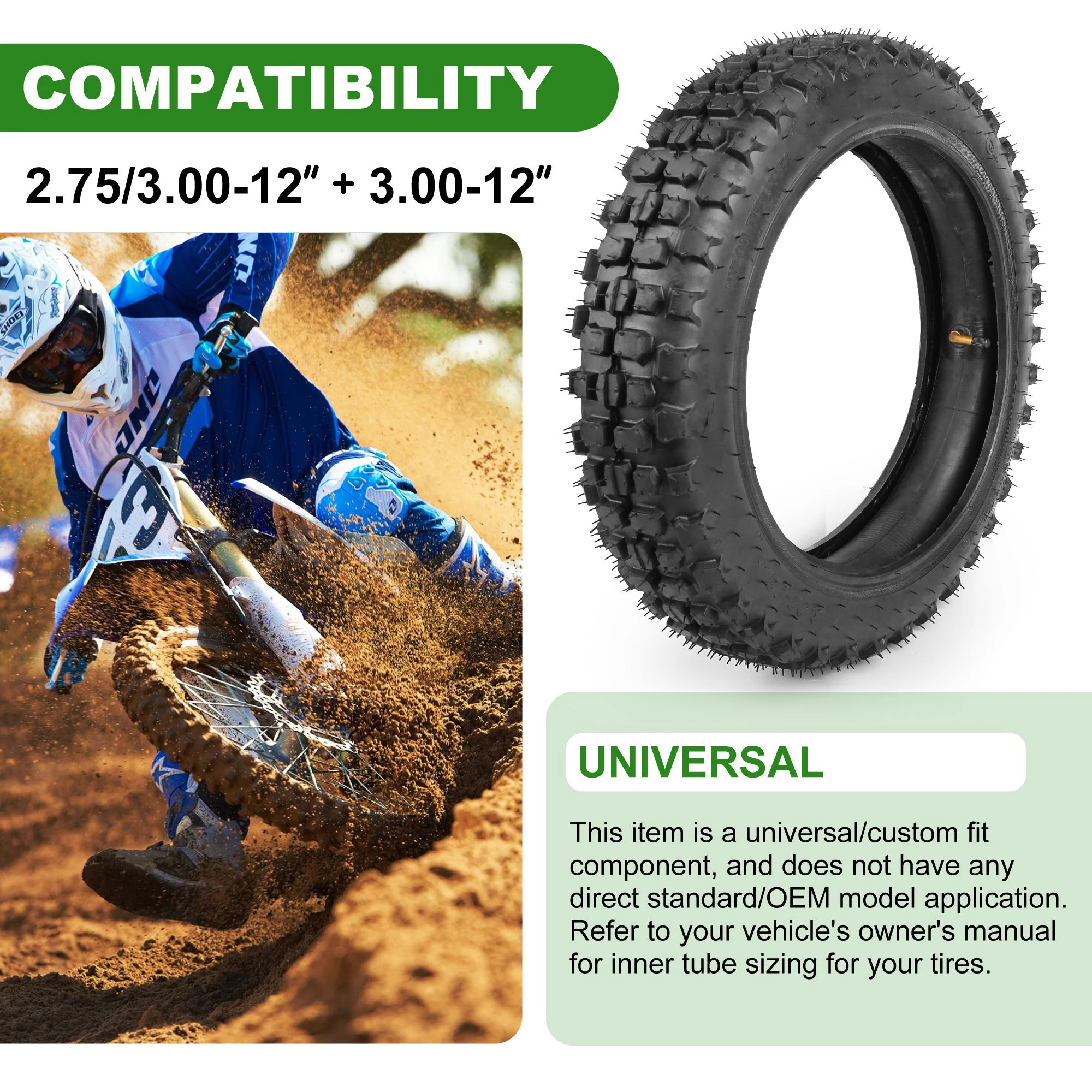 LotFancy 3.00-12 Dirt Bike Tire and Inner Tube Set, 80/100-12 Knobby Tire, TR87 Valve Stem - Cheap Fitting