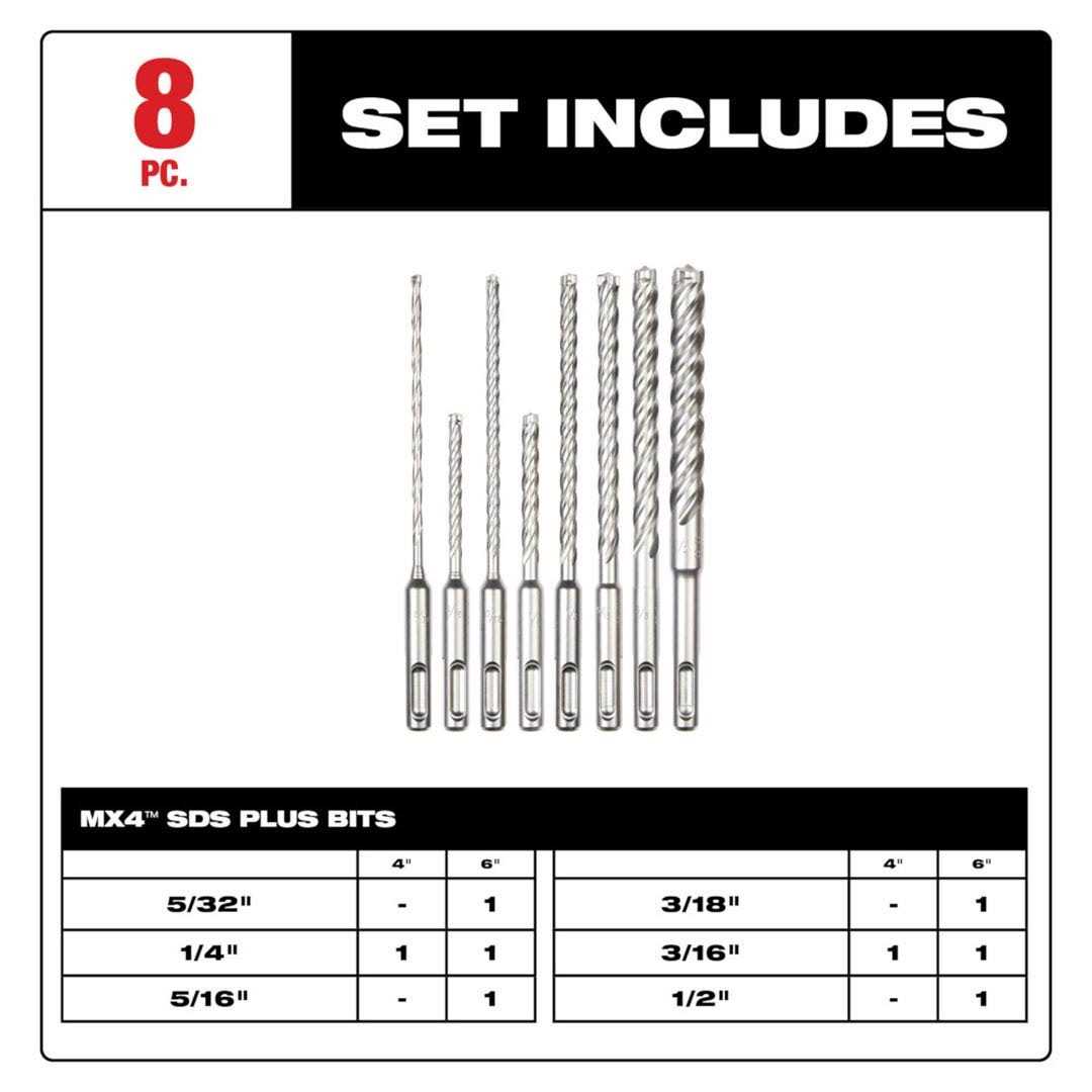 Milwaukee 48-20-7663 8pc SDS Plus MX4 4-Cutter Drill Bit Kit - Cheap Fitting