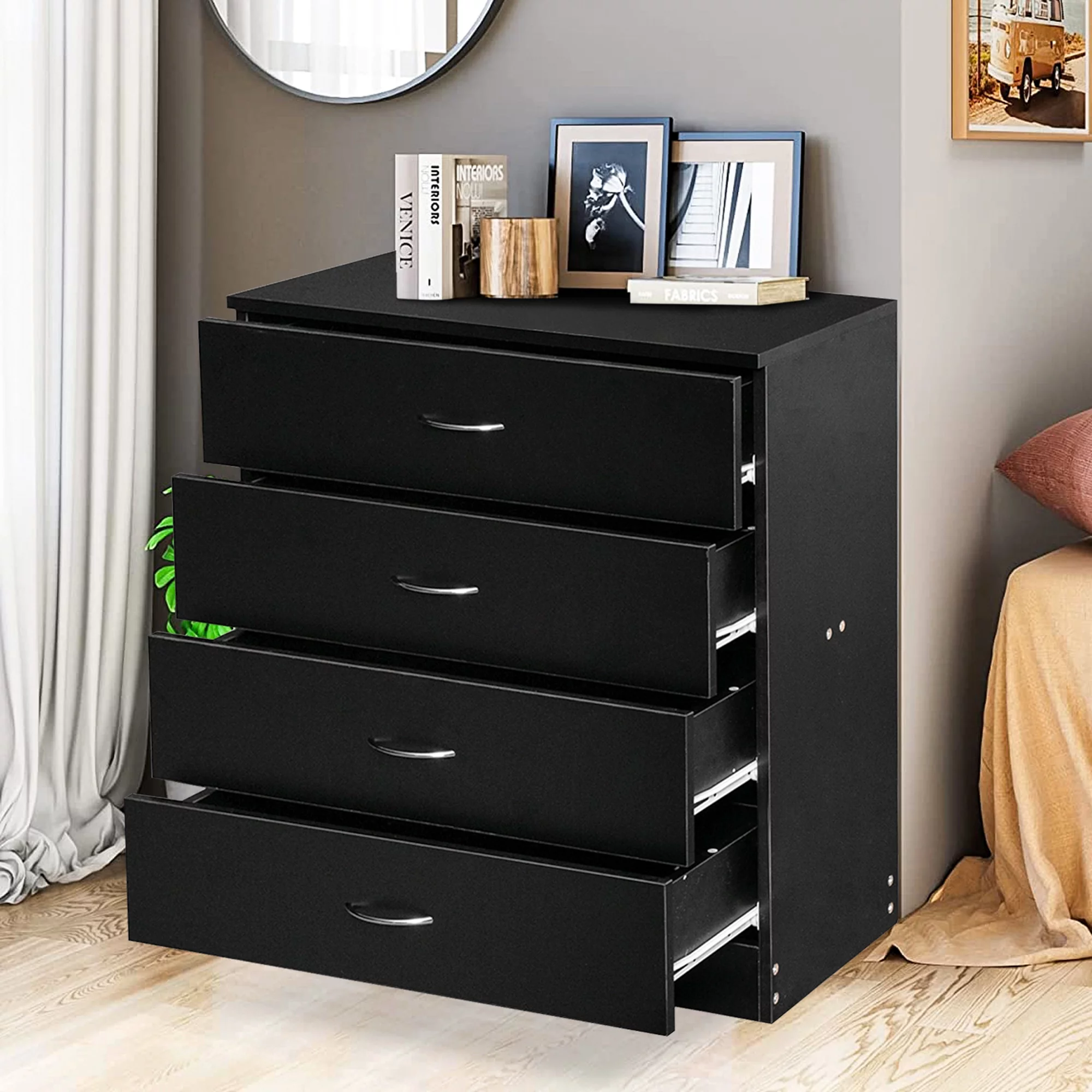 Segmart Black 4 Drawer Dresser for Small Space, Wood Storage Cabinet for Living Room, Chest of Drawers with Metal Handle for Bedroom - Cheap Fitting
