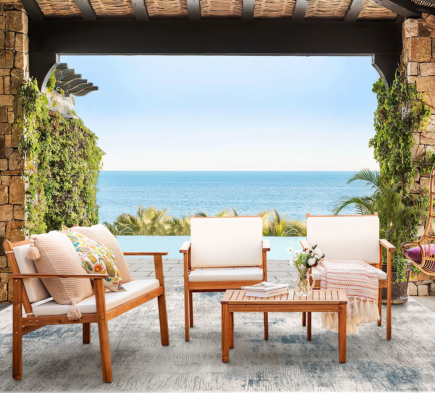 Devoko 3 Pieces Acacia Patio Conversation Set Outdoor Furniture Set with Cushions and Side Table for Porch, Yard and Balcony, Beige - Cheap Fitting