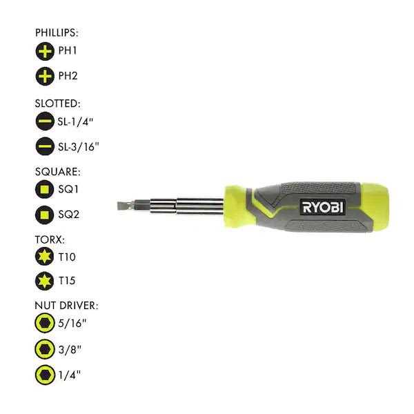 RYOBI 11-in-1 Multi-bit Screwdriver with Cushion Grip Handle - Cheap Fitting