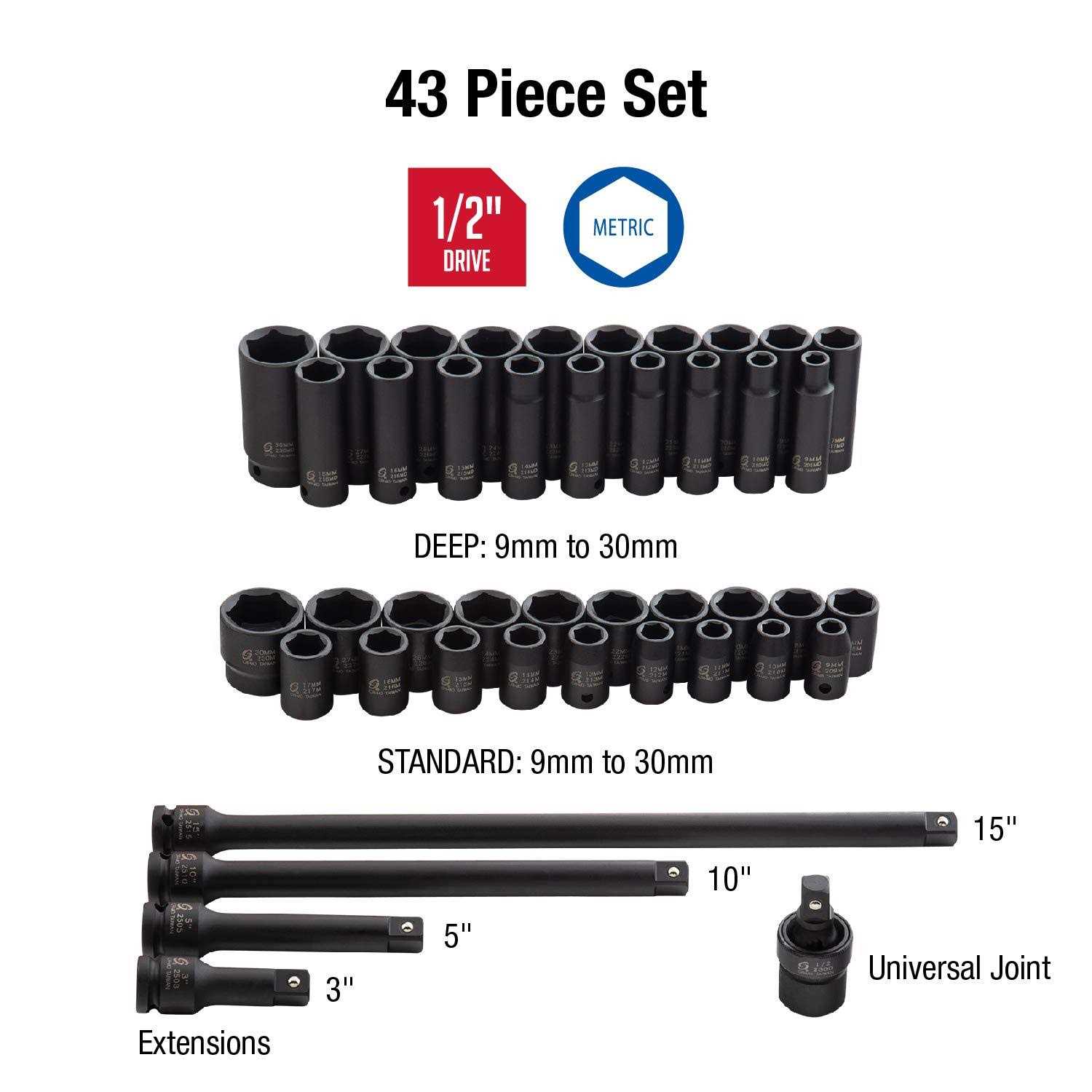 1/2 Drive Metric Impact Socket Master 43 Piece Set 2569 Sunex - Cheap Fitting