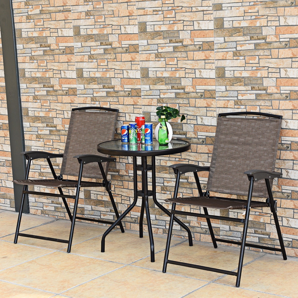 Costway 3PC Bistro Patio Garden Furniture Set 2 Folding Chairs Glass Table Top Steel - Cheap Fitting