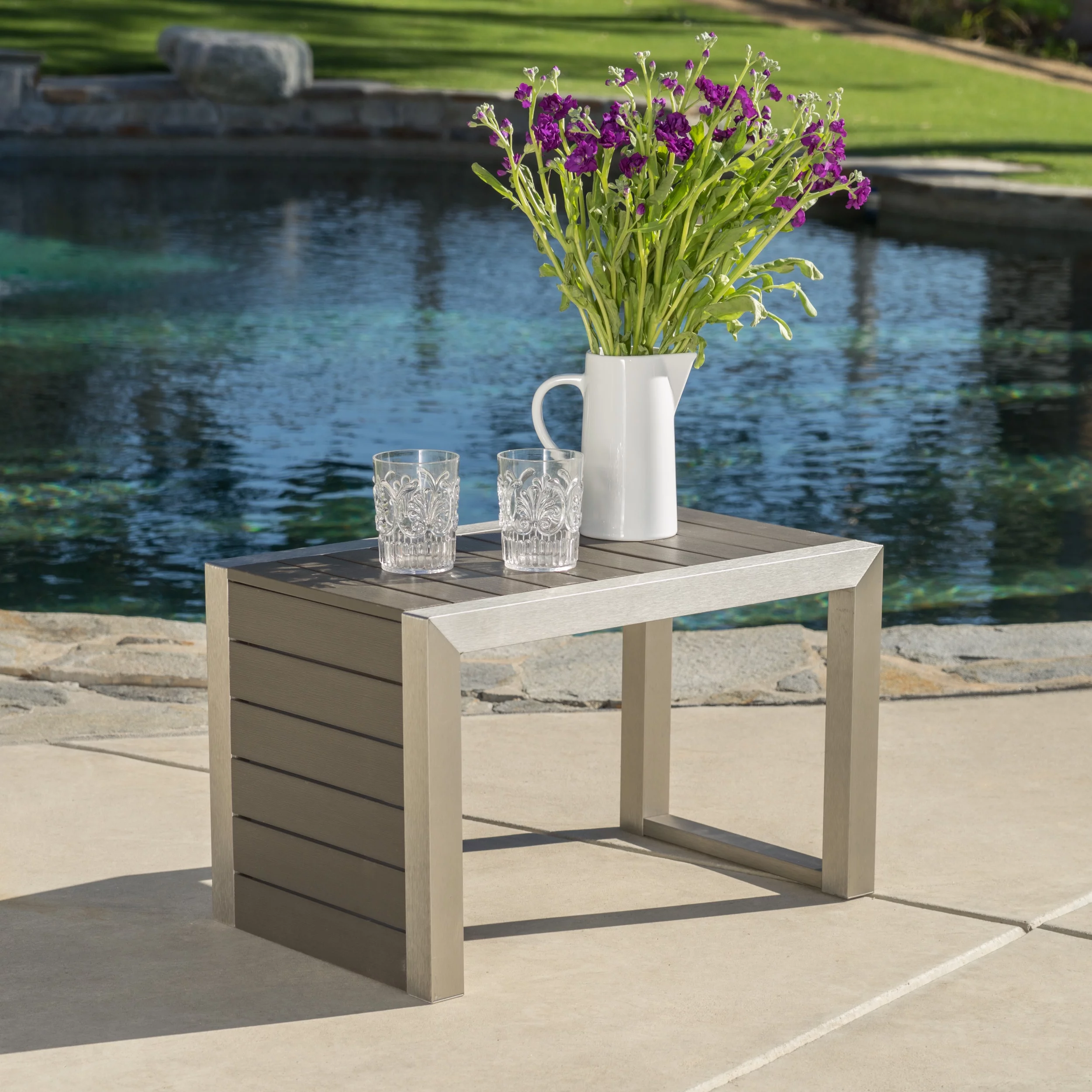 Miller Outdoor Faux Wood C-Shaped End Table, Natural Finish - Cheap Fitting