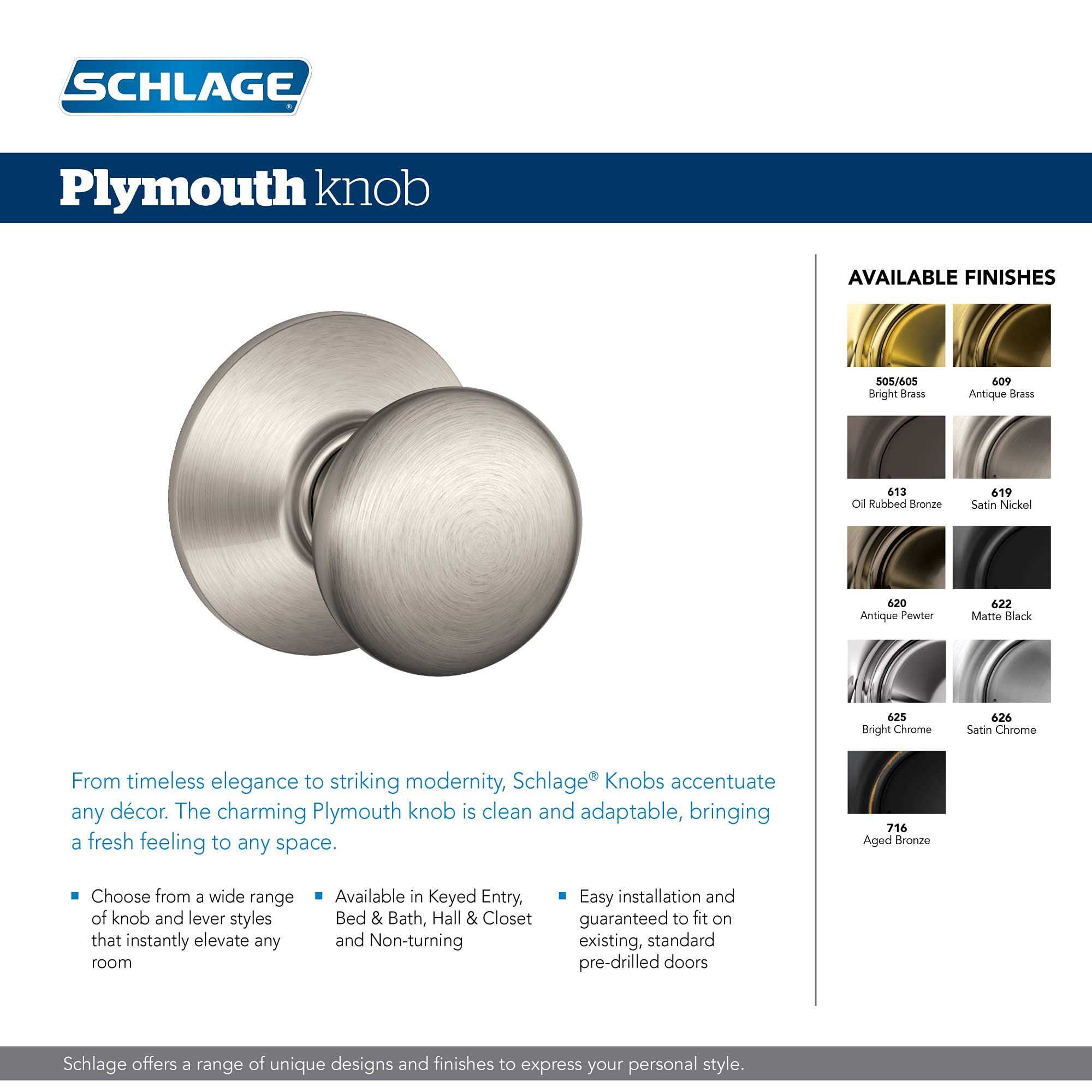 Schlage Passage Knob Plymouth F10 PLY 622 - Cheap Fitting
