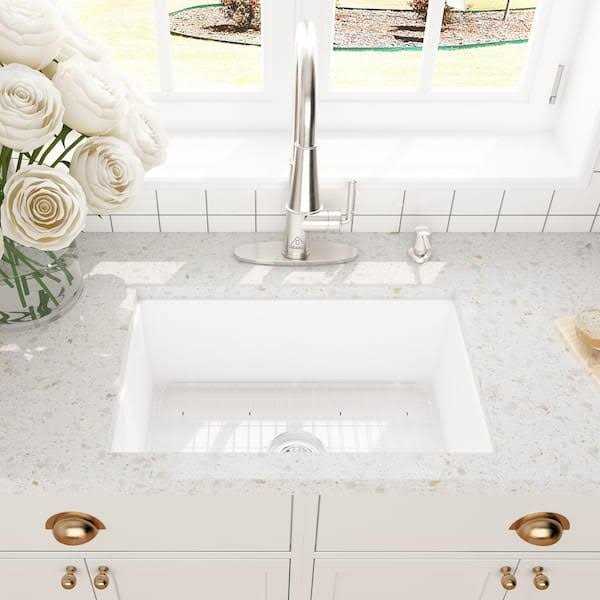 CASAINC Glossy White Fireclay 27 in. Single Bowl Undermount Kitchen Sink with Bottom Grid and Drainer CA-SN2719-W - Cheap Fitting