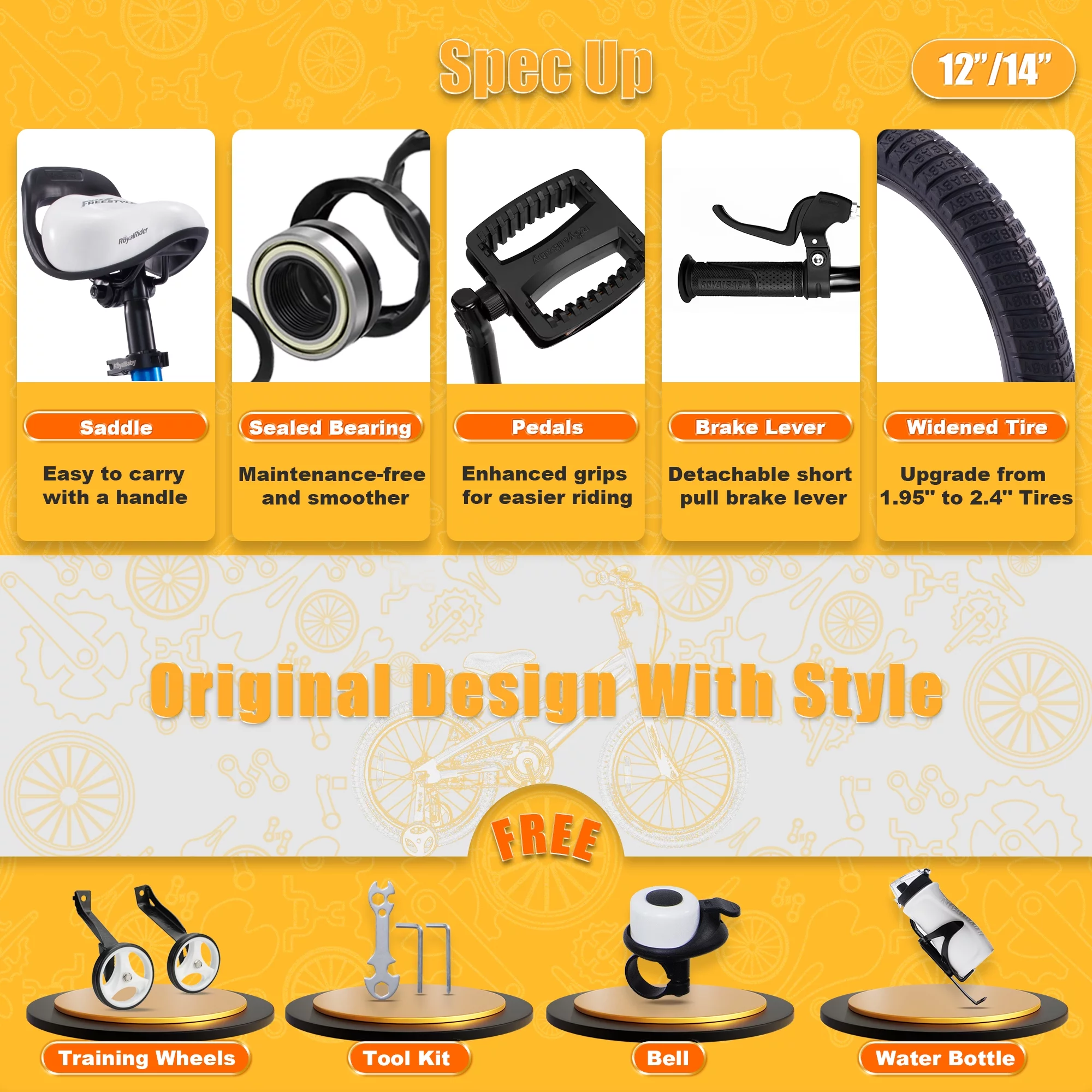 Royalbaby Boys Girls Kids Bike 14 In BMX Freestyle Black 2 Hand Brakes Bicycles with Training Wheels Child Bicycle - Cheap Fitting