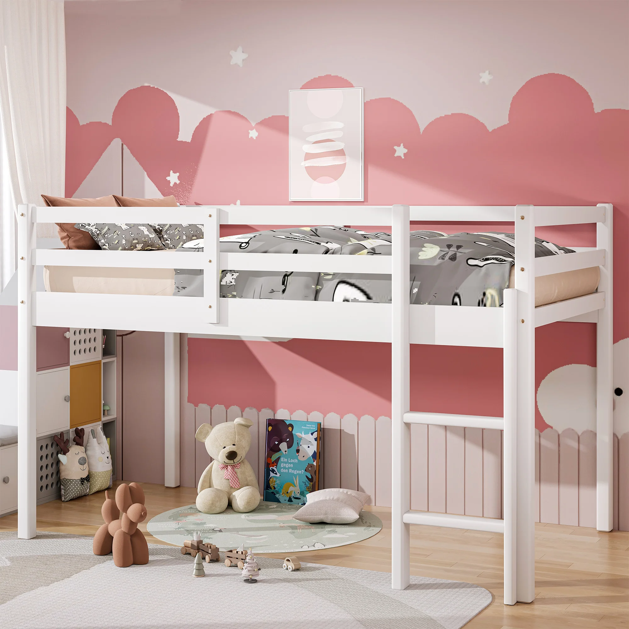 PAPROOS Twin Size Loft Bed, Solid Wood Loft Bed Frame with 14 Wooden Slats, Modern Low Loft Bed for Kids Boys Girls, No Box Spring Needed, White - Cheap Fitting