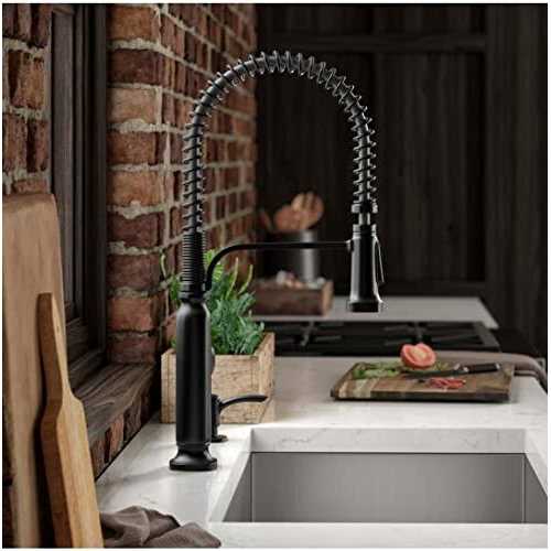 Kohler Ealing Pre-Rinse Spring Matte Black Single Handle Pull-down Kitchen Faucet with Deck Plate and Soap Dispenser Included K-R28702-SD-BL - Cheap Fitting