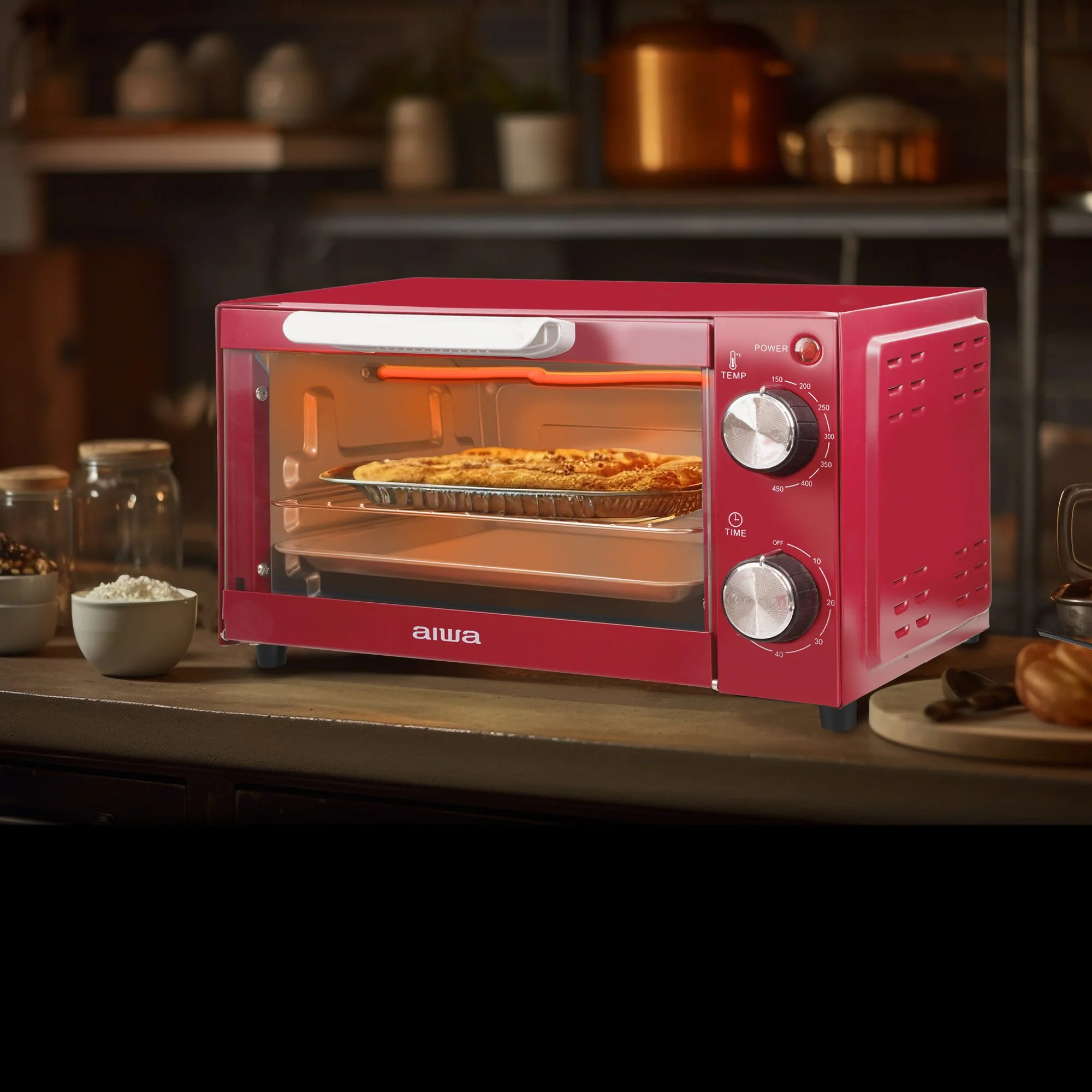 Aiwa 750W Red Toaster Oven 4 Slice with Baking Tray, Bake Toast Cook and Broil, Temperature Control, 60 Minute Timer Knob - Cheap Fitting