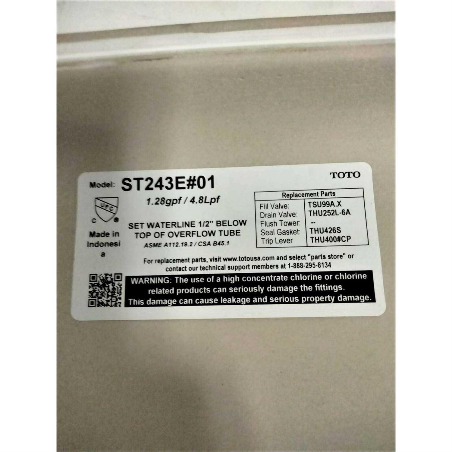 Toto Entrada 1.28 GPF Toilet Tank ST243E#01 - Cheap Fitting