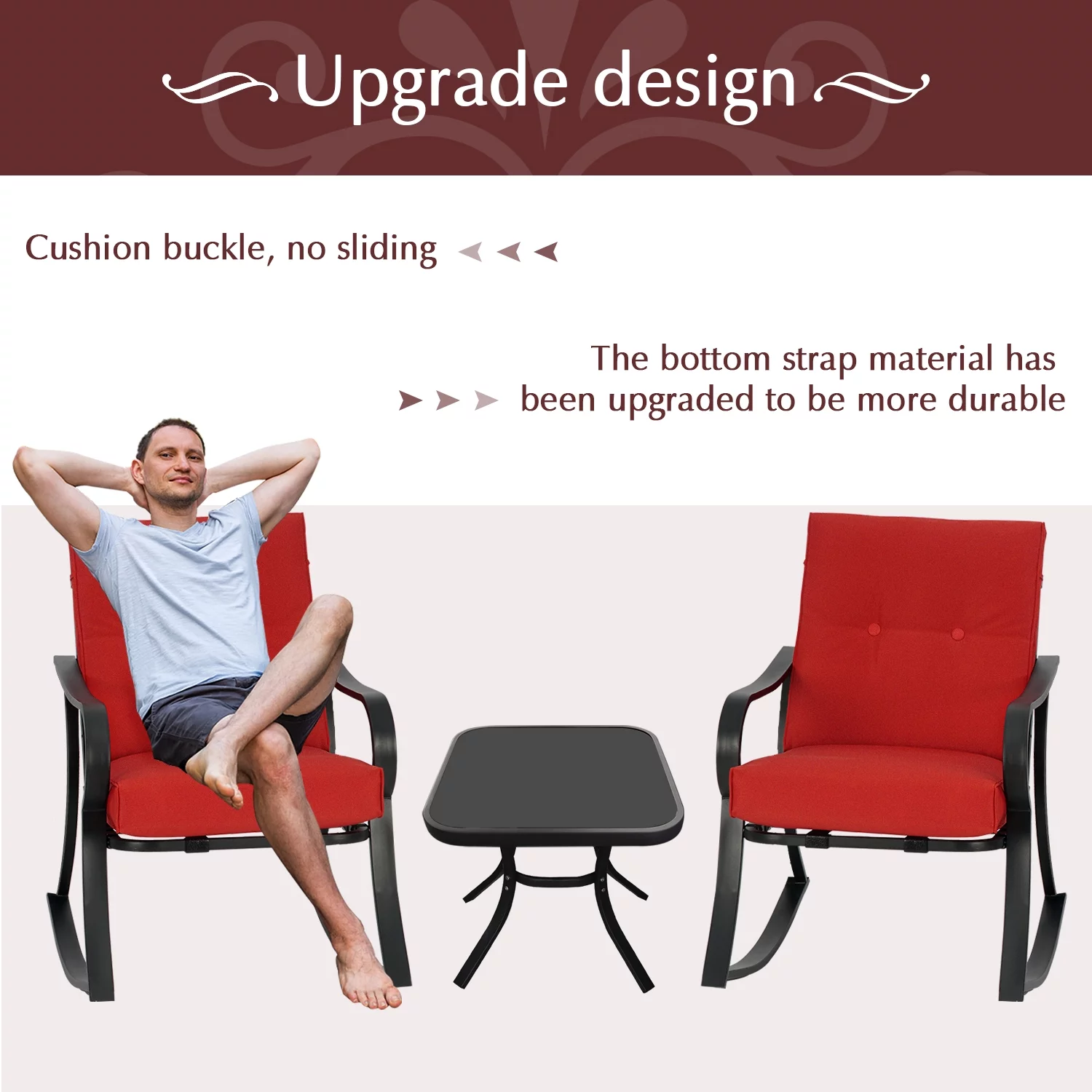 SUNCROWN 3-Piece Outdoor Patio Bistro Set Black Metal Rocking Chairs and Table with Brown Cushions - Cheap Fitting