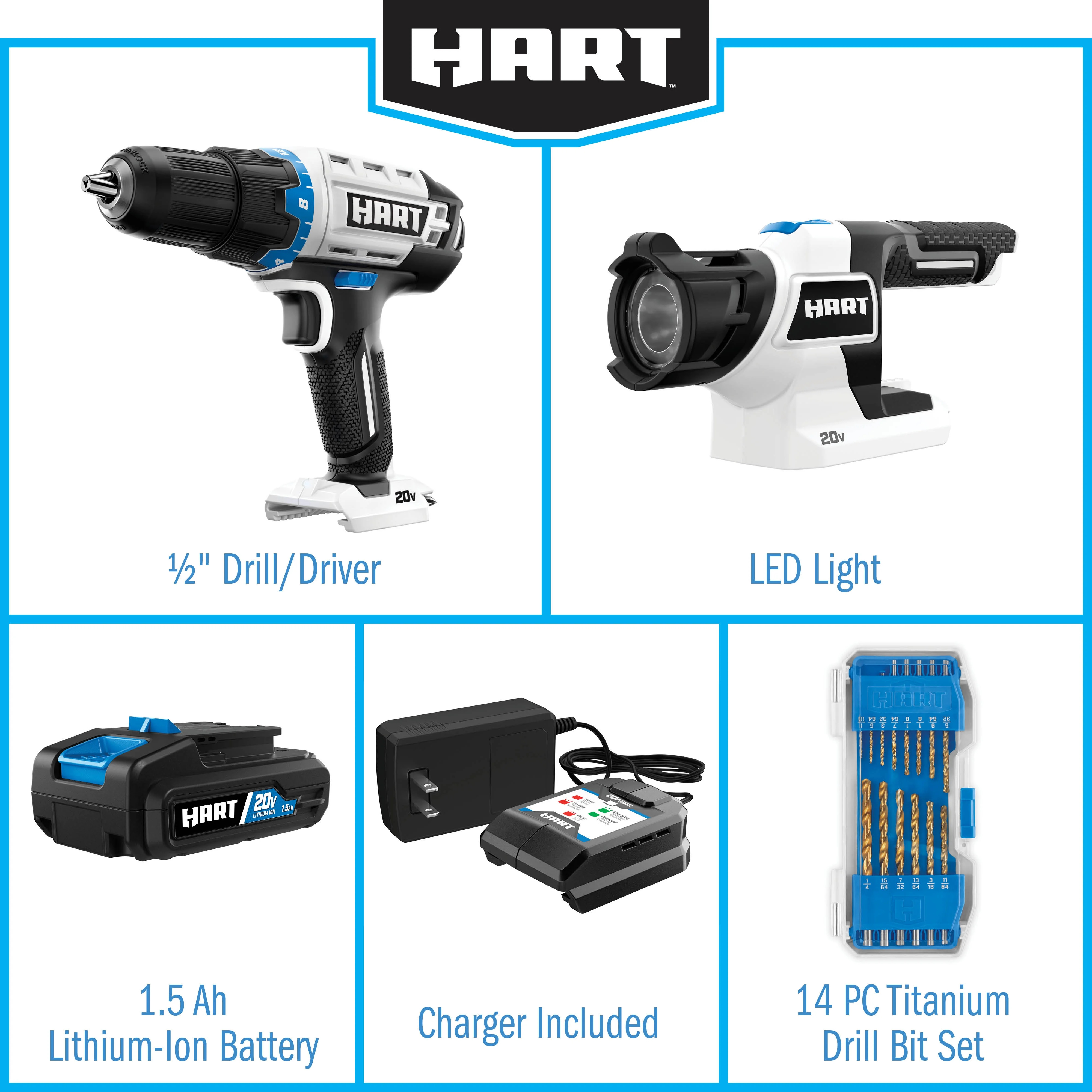 HART 20-Volt Cordless 1/2-inch Drill and LED Light Kit with 14-Piece Accessory Kit (1) 1.5Ah Lithium-Ion Battery - Cheap Fitting