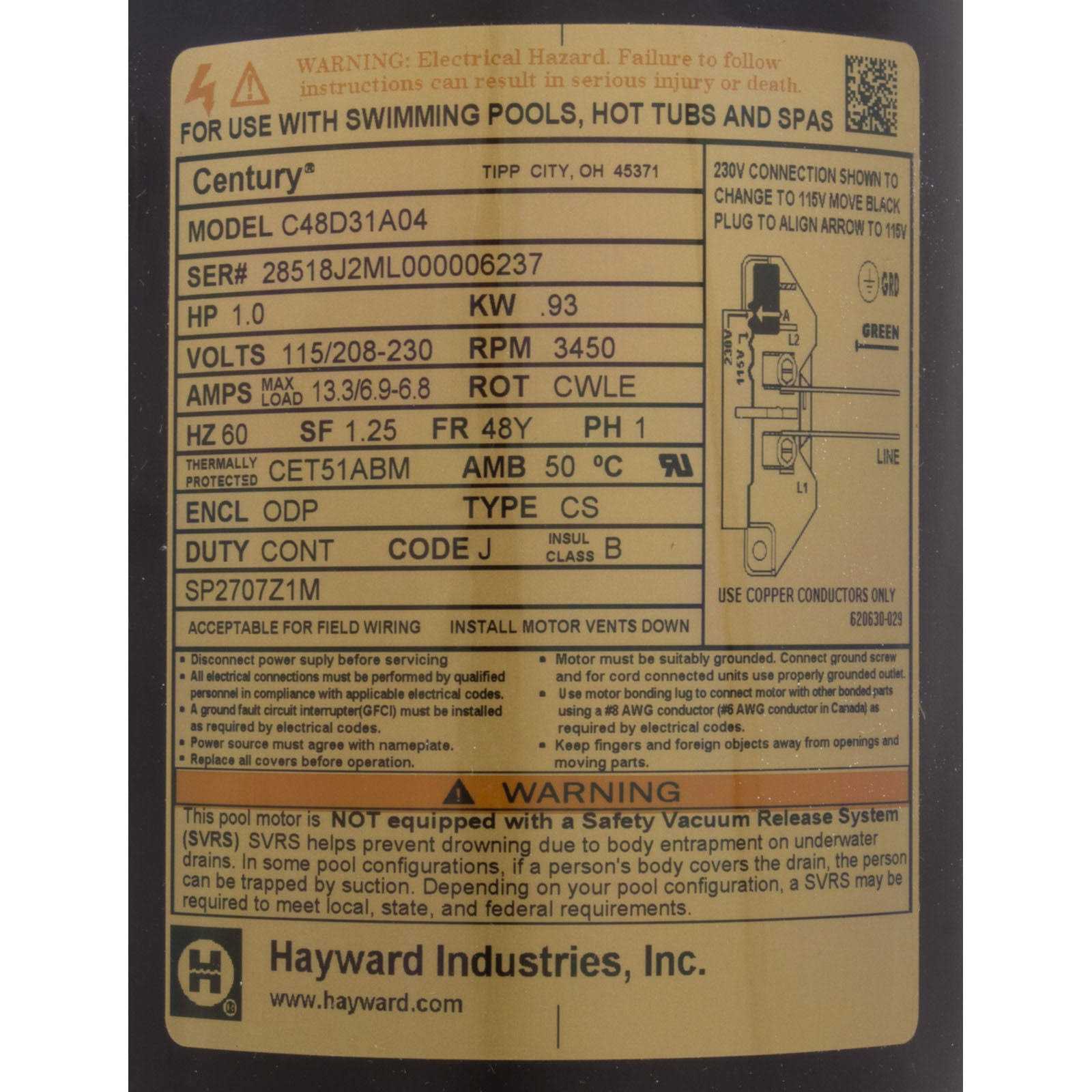 SPX2707Z1M Hayward Motor - Cheap Fitting