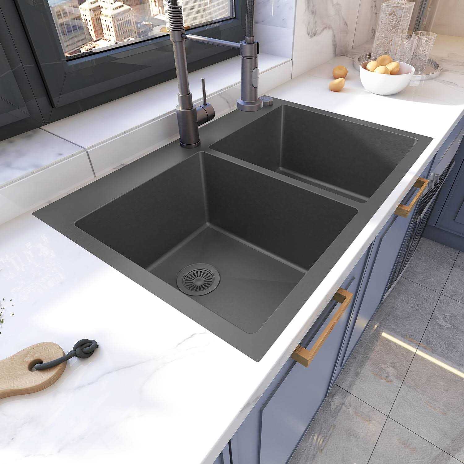 Sinber 33 inch x 22 inch x 9 inch Drop In Double Bowl Kitchen Sink with 18 Gauge 304 Stainless Steel HT3322D-BW - Cheap Fitting